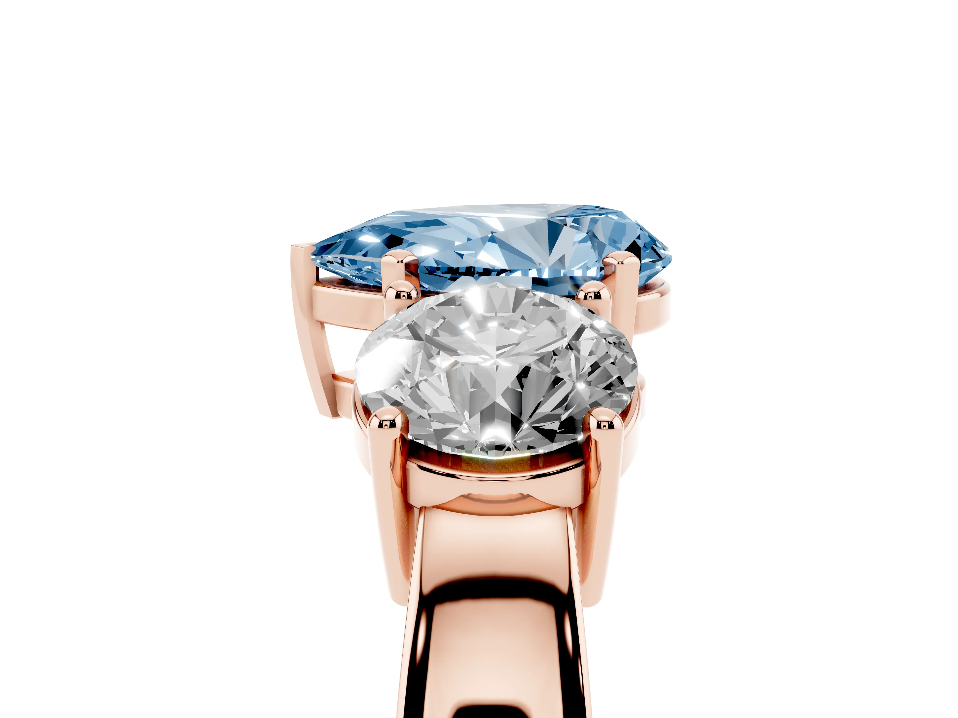 Fancy Blue Pear Cut Diamond Three-Stone Ring Set in Rose gold with Round Side Stones and Classic Band