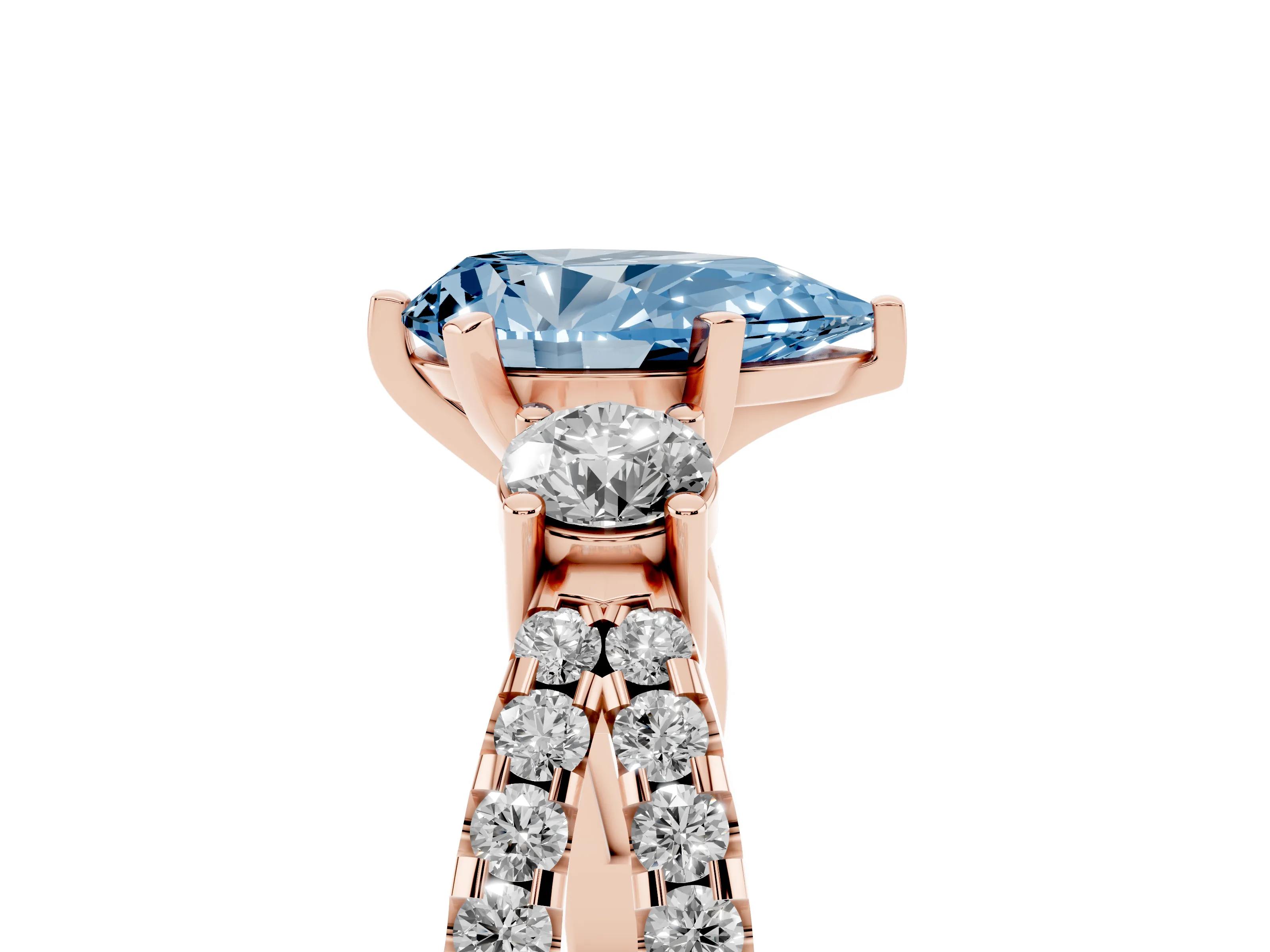 Fancy Blue Pear Cut Diamond Three-Stone Ring Set in Rose gold with Pavé Split Shank and Prong Setting