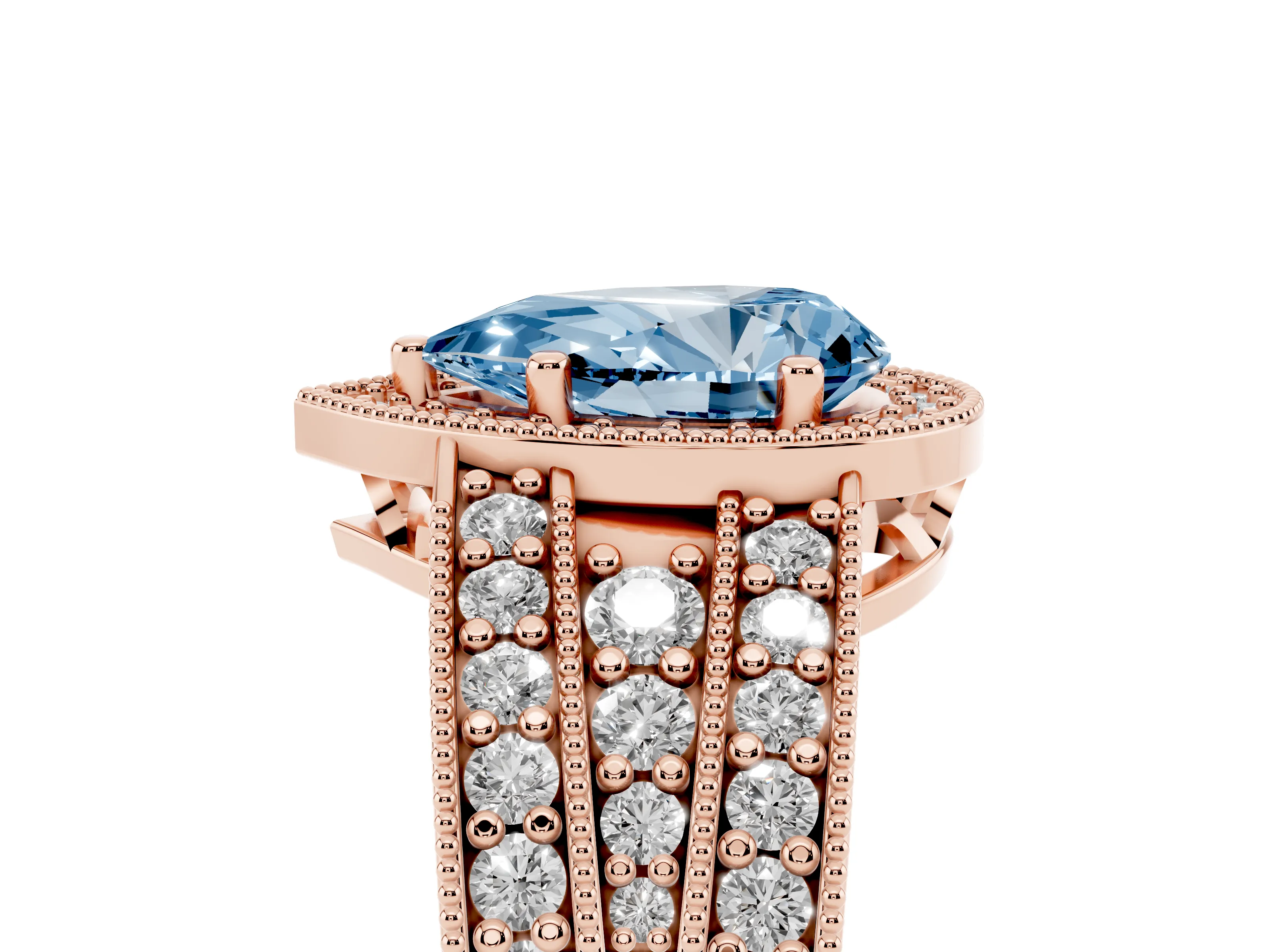 Fancy Blue Pear Cut Diamond Halo Ring Set in Rose gold with Accent Split Shank and Prong Setting