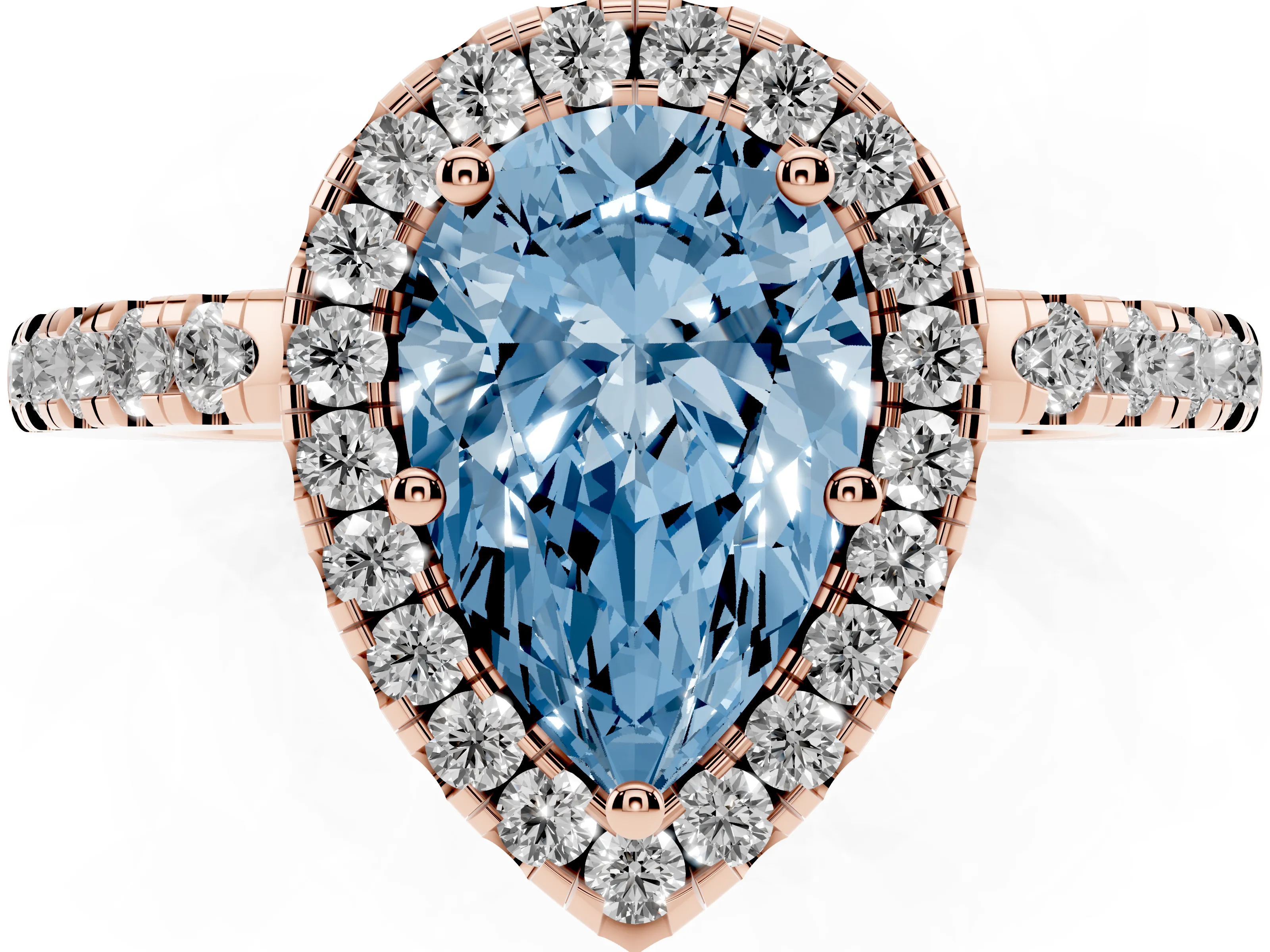 Fancy Blue Pear Cut Diamond Pavé Band Halo Engagement Ring Set in Rose gold with Prong Setting