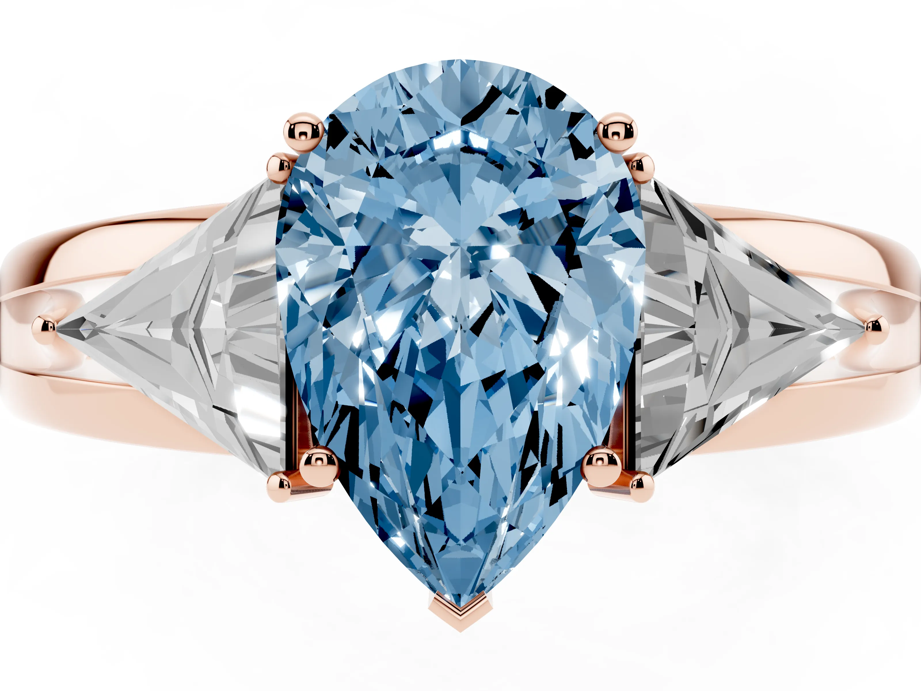 Fancy Blue Pear Cut Diamond Three-Stone Ring Set in Rose gold with Trillion Side Stones and Split Shank
