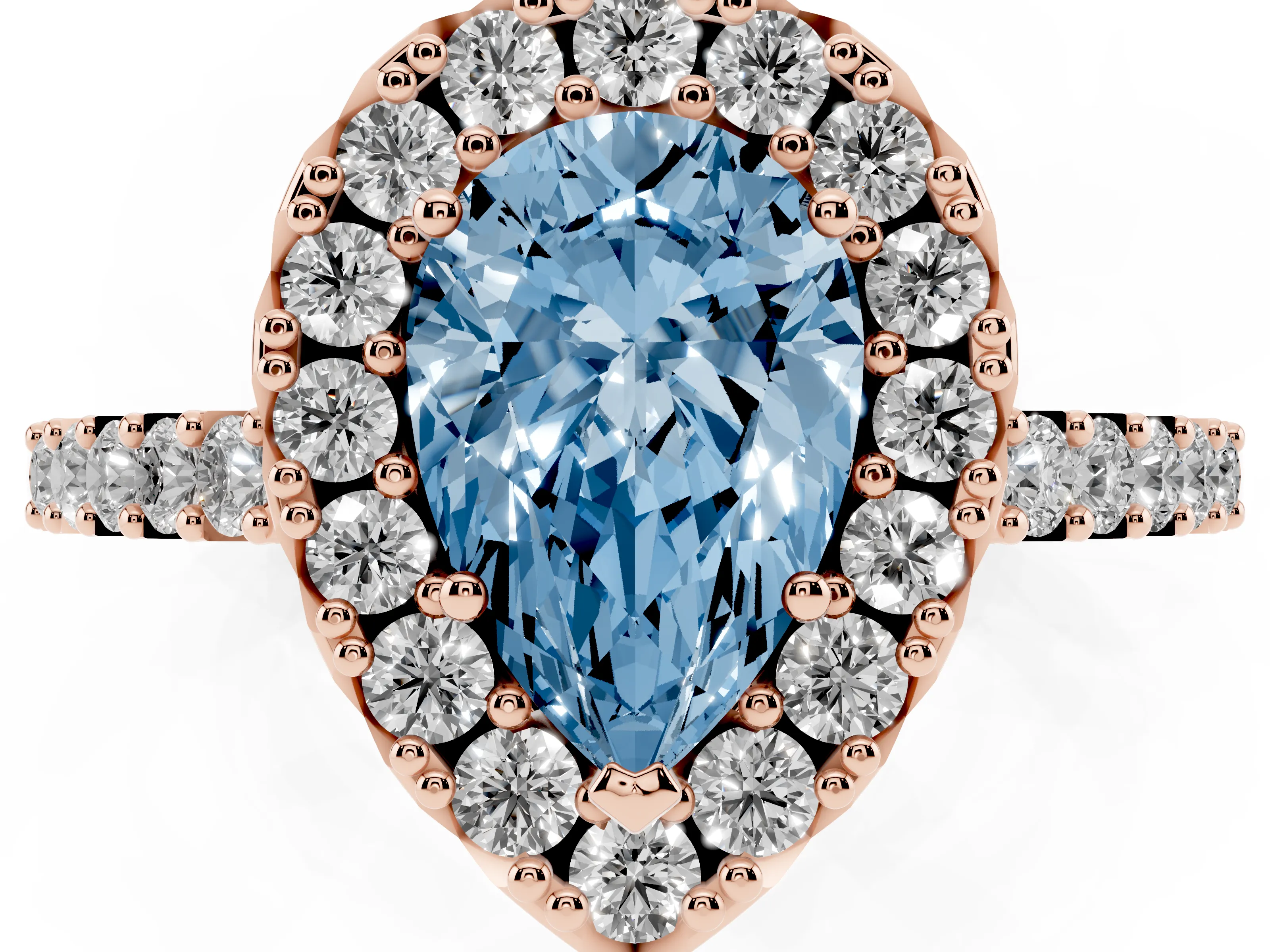 Fancy Blue Pear Cut Diamond Halo Pavé Solitaire Ring Set in Rose gold with Prong-Set Center Stone