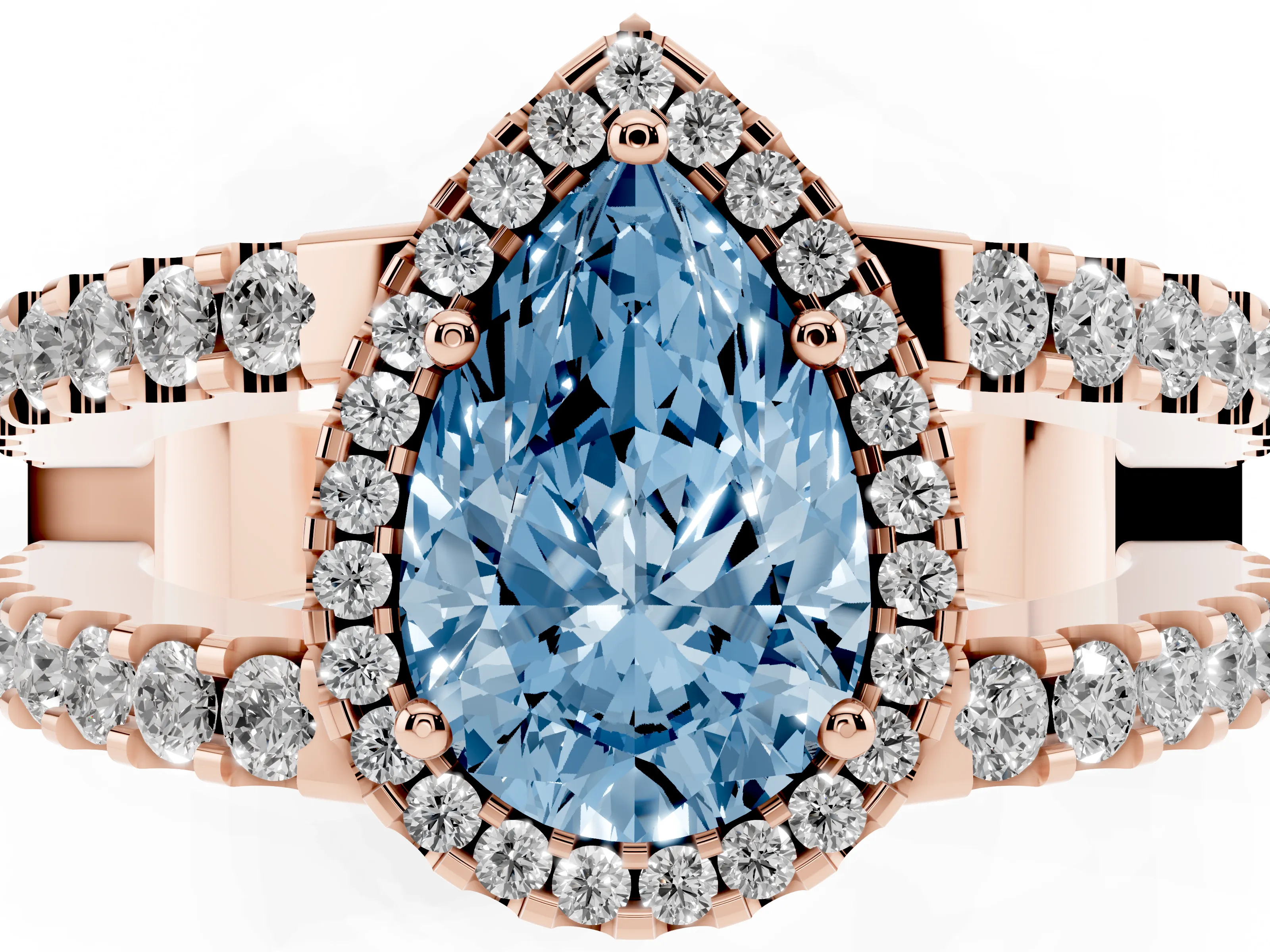 Fancy Blue Pear Cut Diamond Halo Ring Set in Rose gold with Pavé Split Shank and Prong Setting
