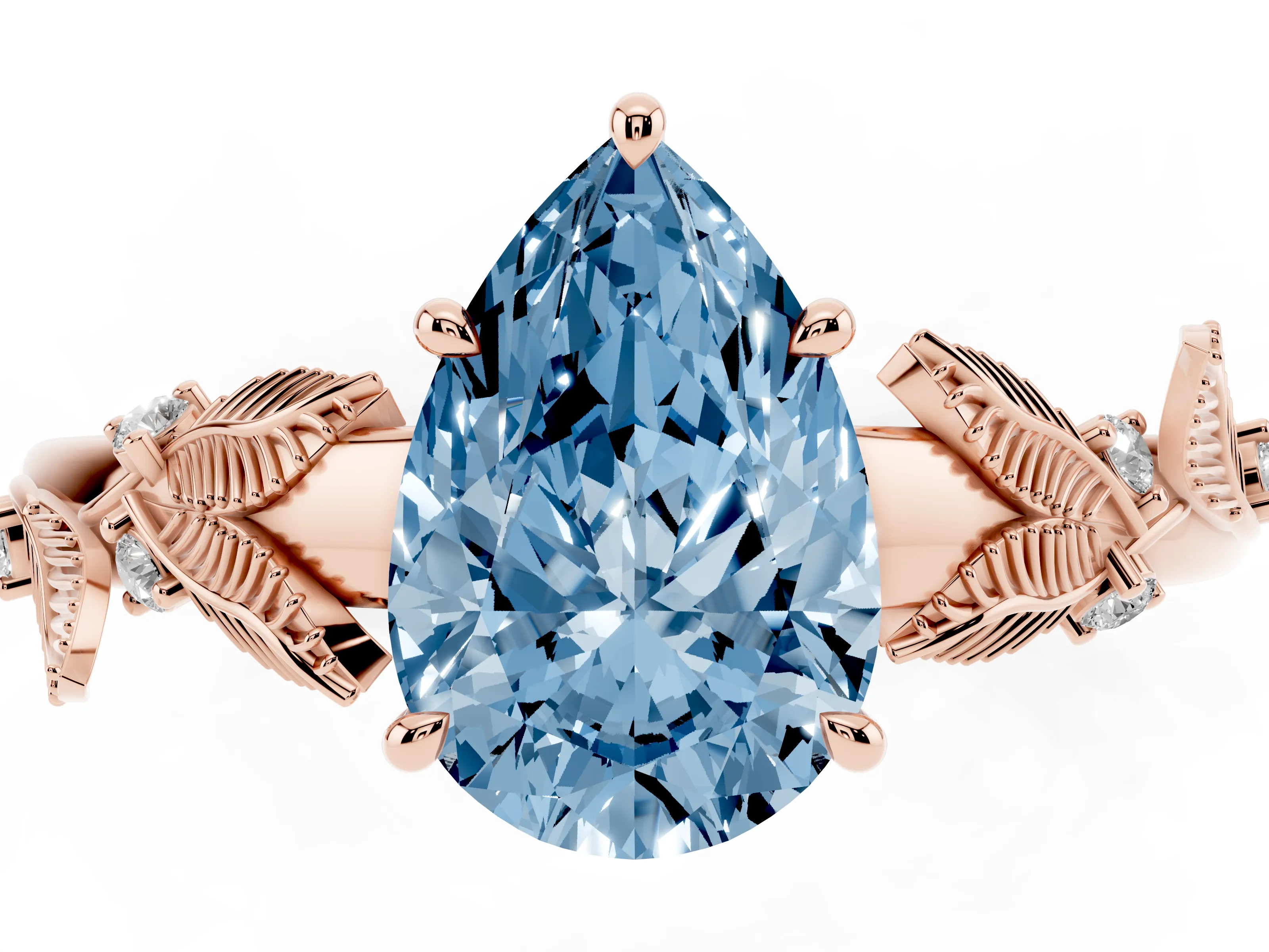 Fancy Blue Pear Cut Diamond Solitaire Ring Set in Rose gold with Leaf Motif Band