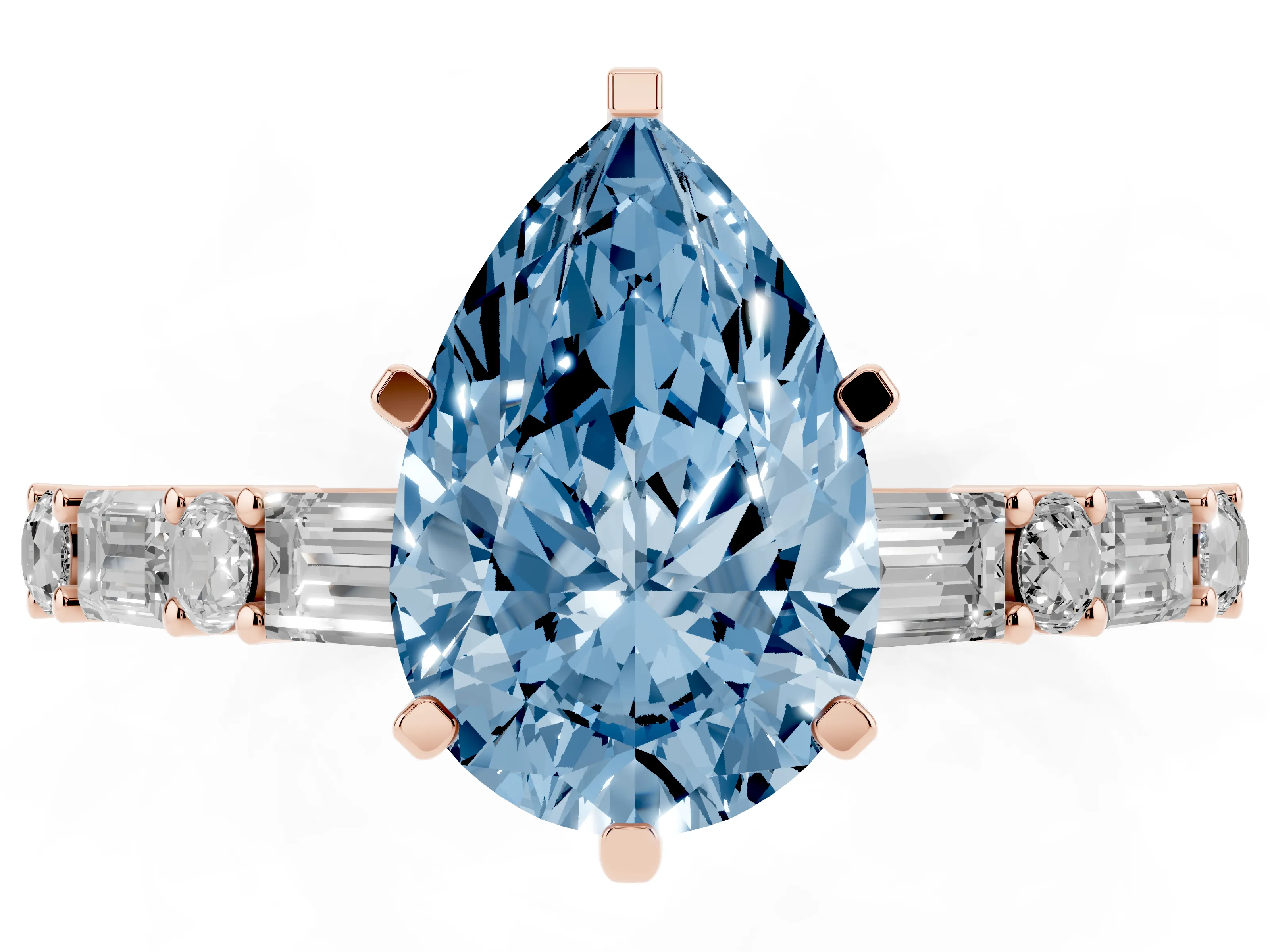 Fancy Blue Pear Cut Diamond Solitaire Set in Rose gold with Side Baguettes and Channel Set Band
