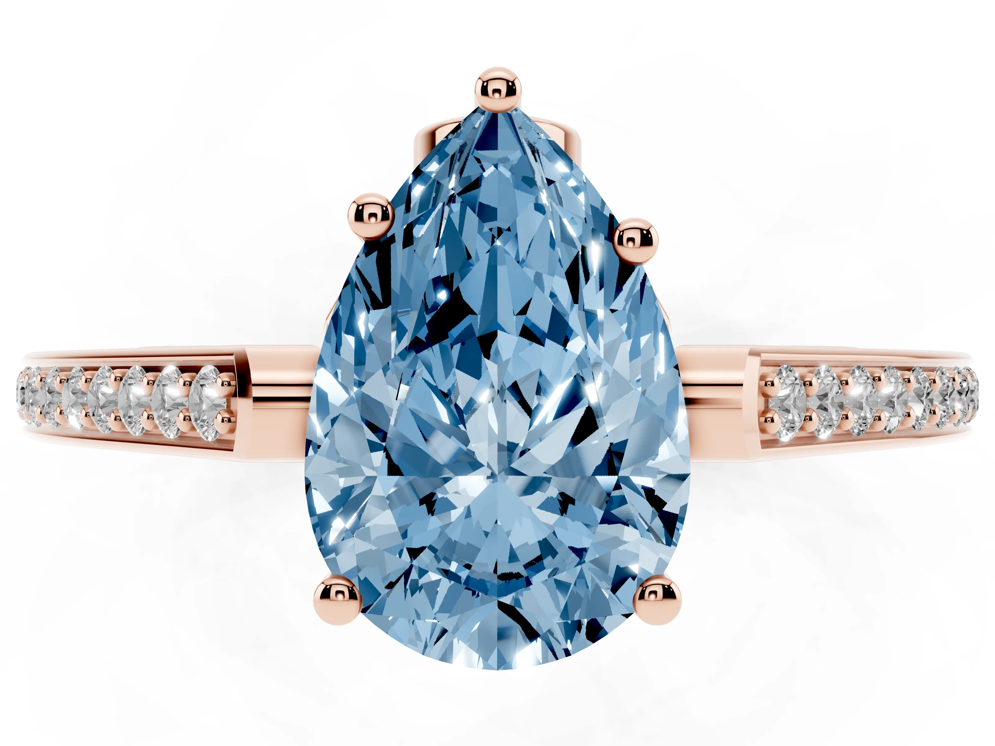 Fancy Blue Pear Cut Diamond Cathedral Pavé Engagement Ring Set in Rose gold with Prong Setting