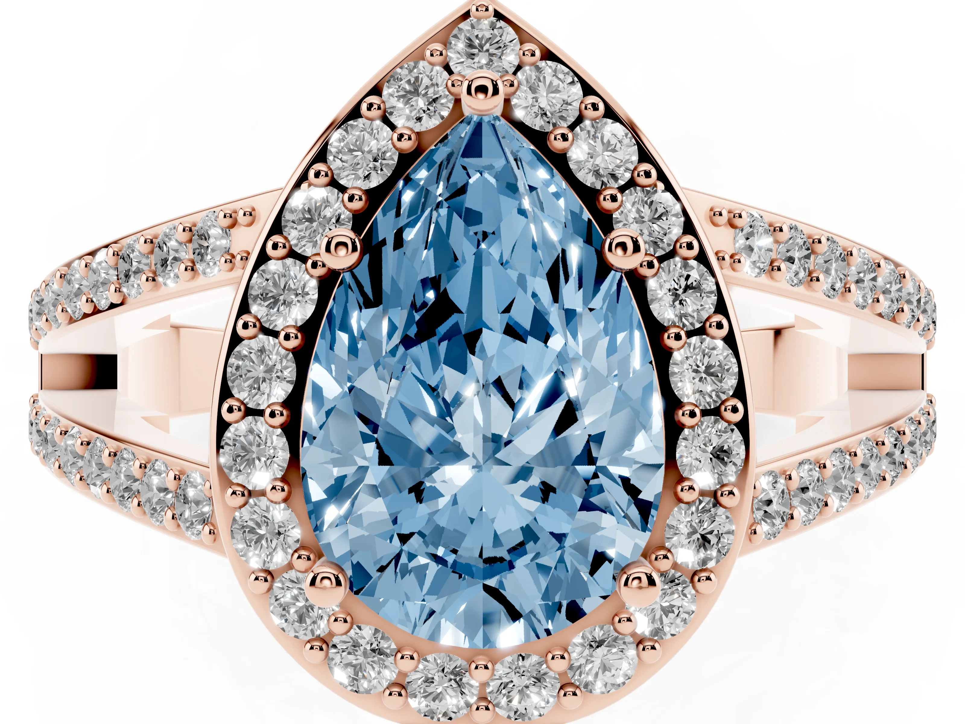 Fancy Blue Pear Cut Diamond Halo Ring Set in Rose gold with U-Prong Split Shank and Prong Setting
