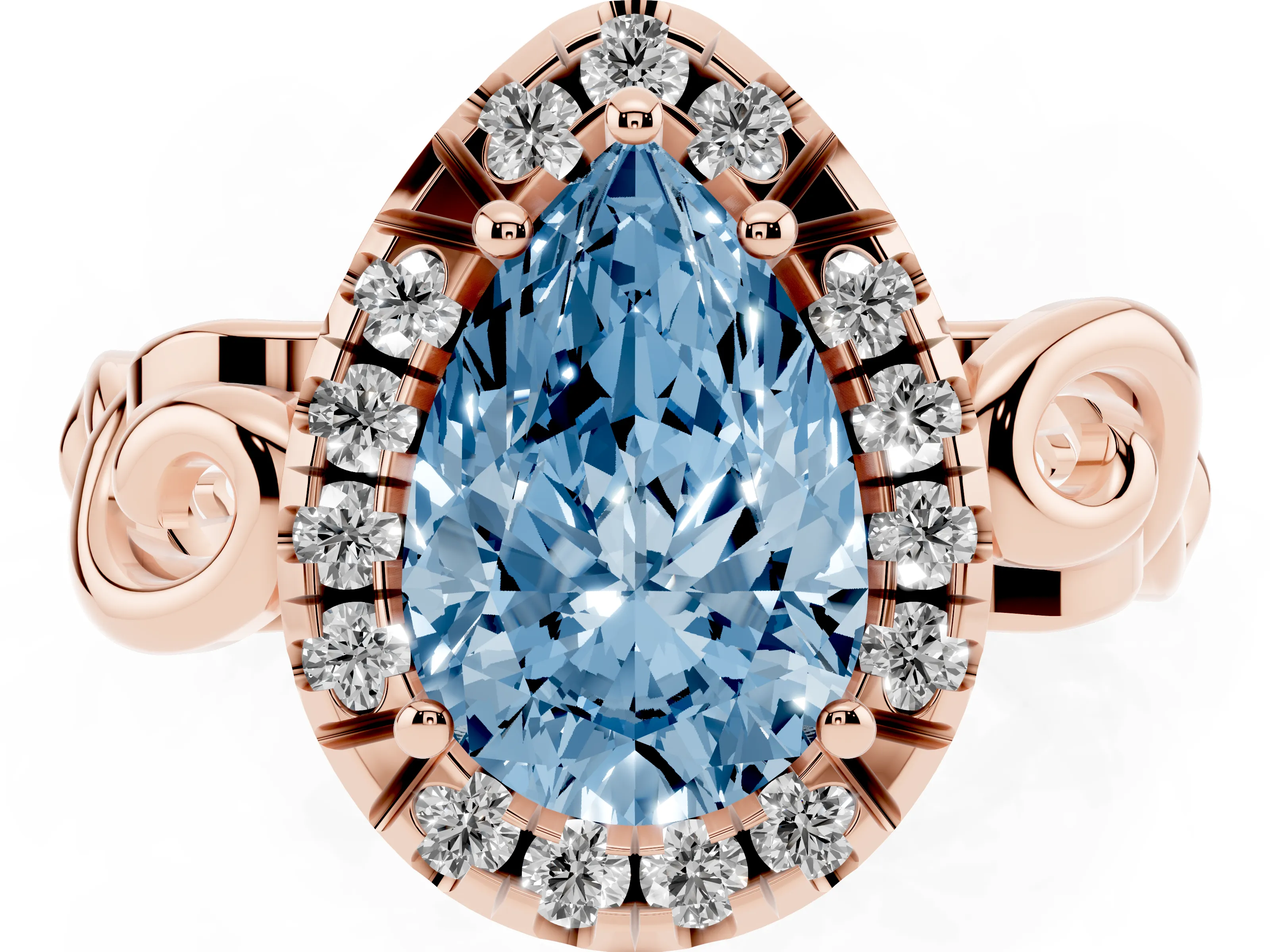 Fancy Blue Pear Cut Diamond Halo Ring Set in Rose gold with Scrollwork Band and Prong Setting