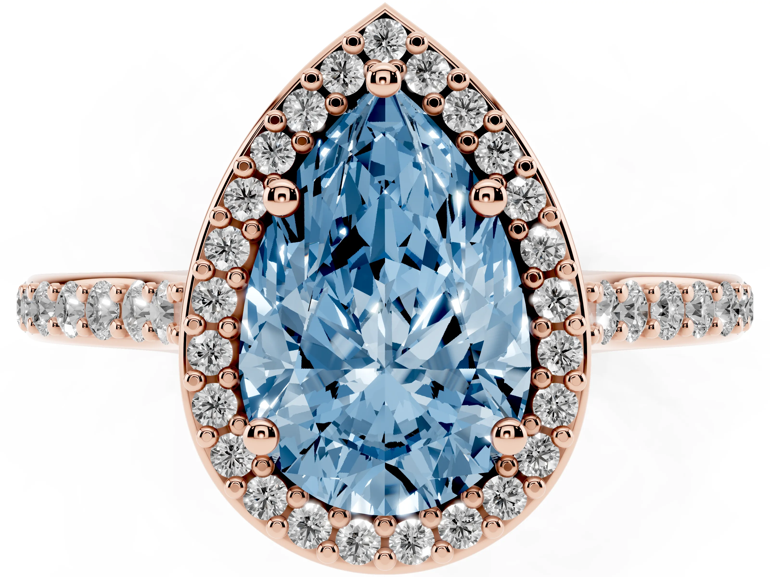 Fancy Blue Pear Cut Diamond Halo Engagement Ring Set in Rose gold with Round Pavé Shoulders and Heart Gallery