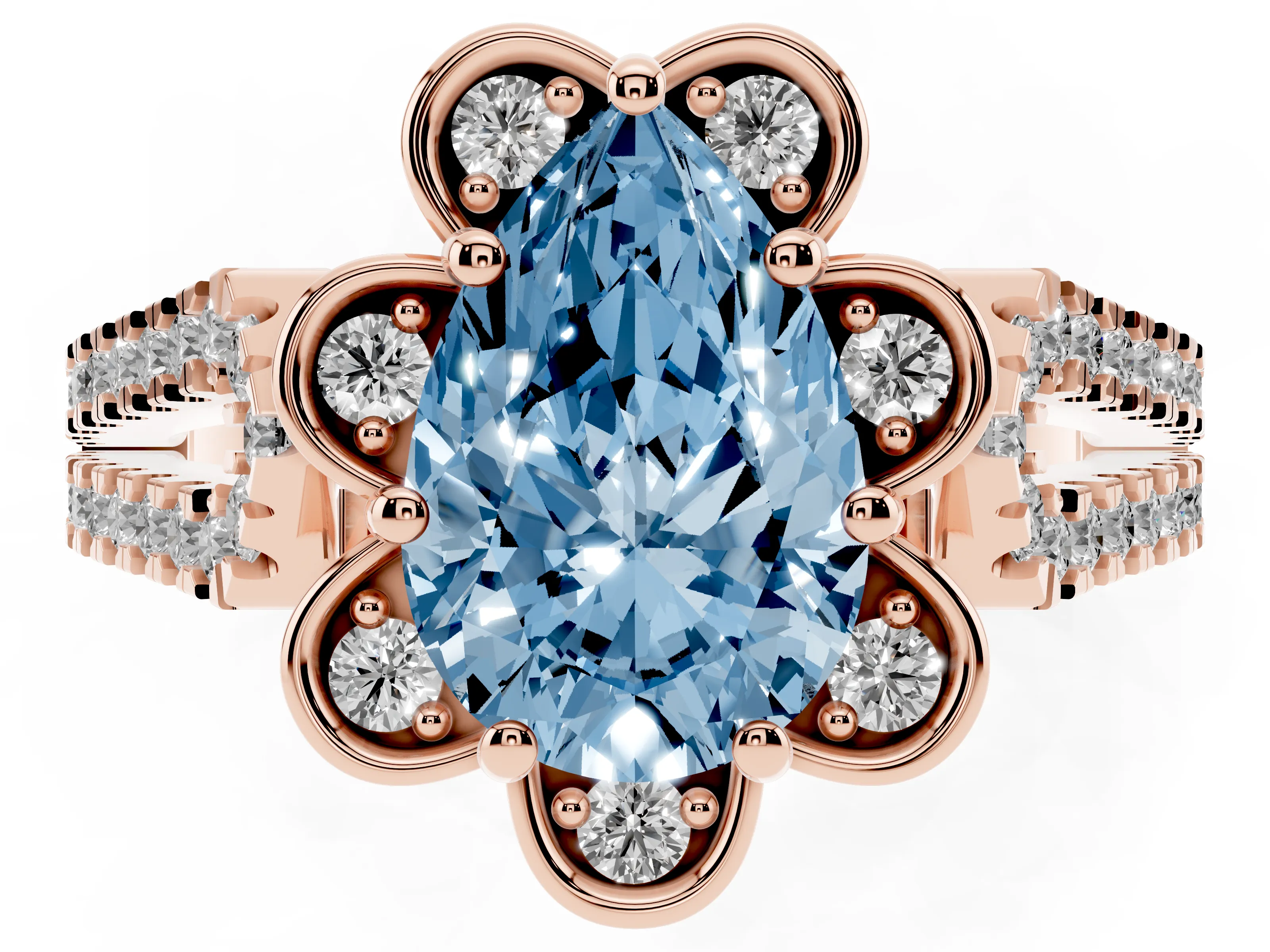 Fancy Blue Pear Cut Diamond Floral Halo Split Shank Engagement Ring Set in Rose gold with Pavé Shank