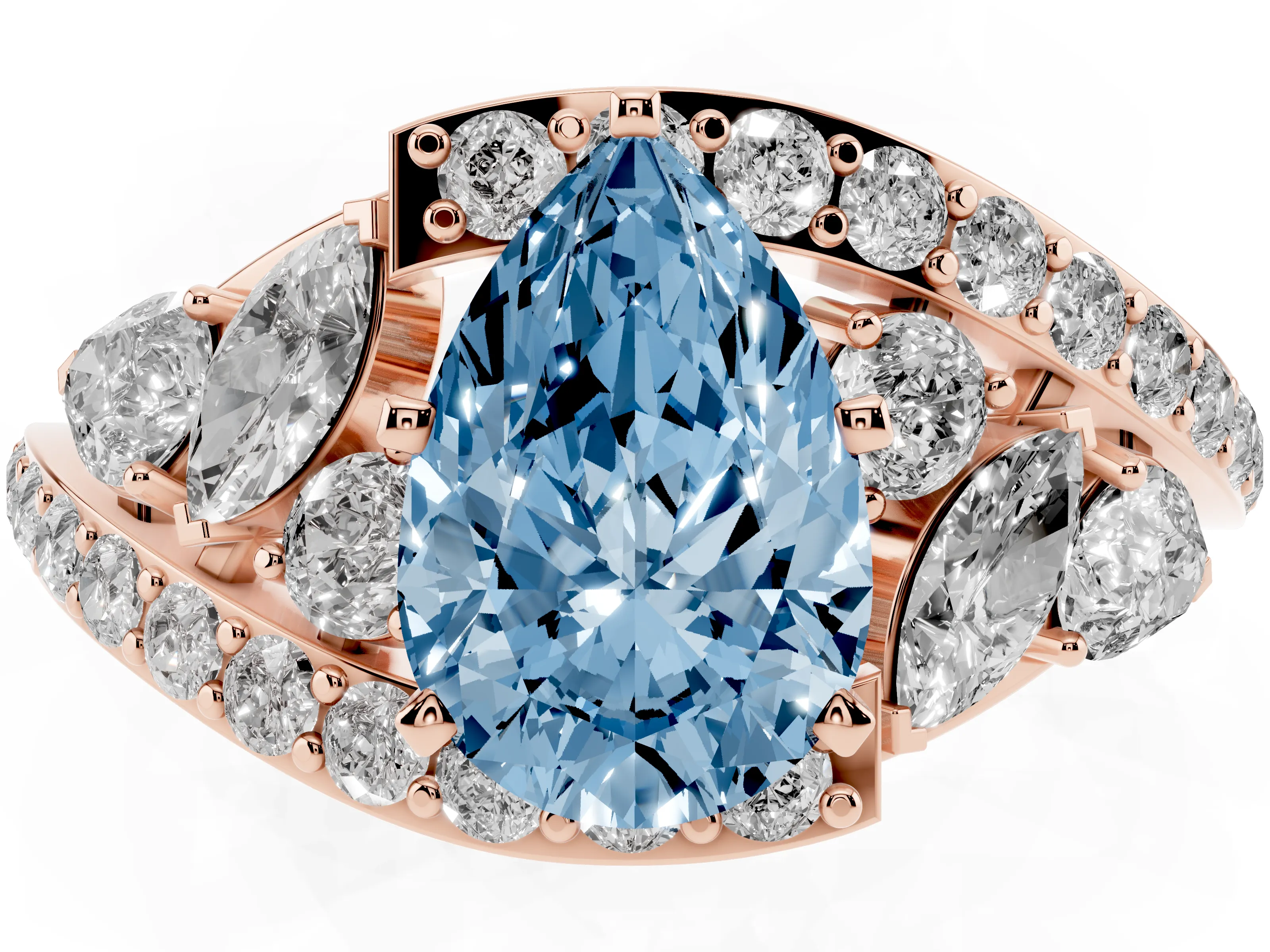 Fancy Blue Pear Cut Diamond Halo Ring Set in Rose gold with Marquise and Pavé Band in Prong Setting