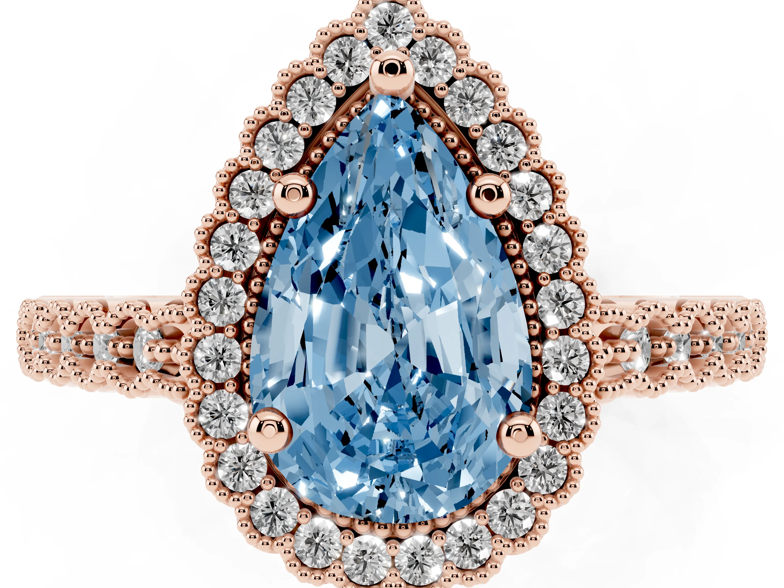 Fancy Blue Pear Cut Diamond Halo Ring Set in Rose gold with Pavé Milgrain Band