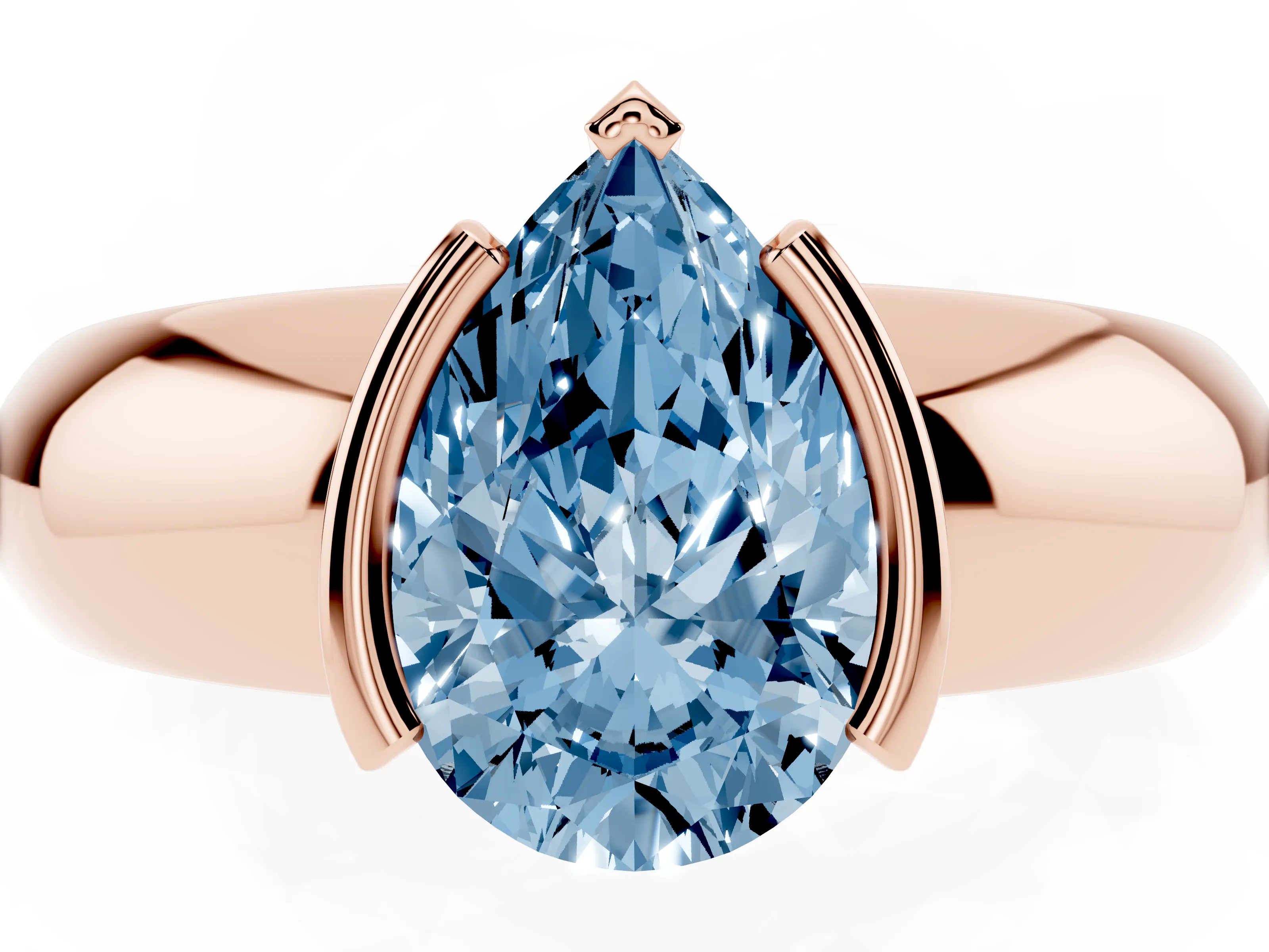 Fancy Blue Pear Cut Diamond Solitaire Tension Set Ring Set in Rose gold with Wide Band