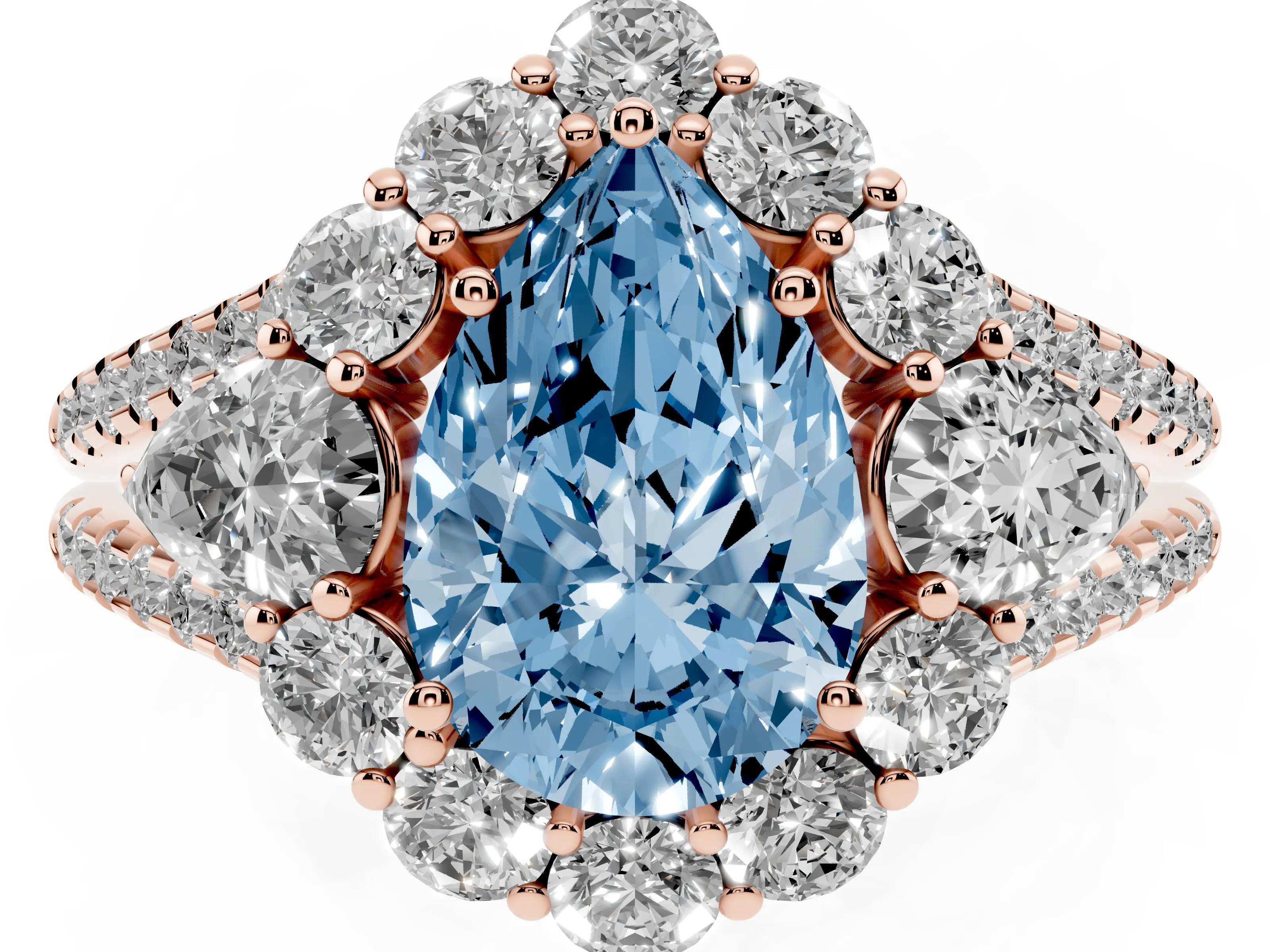 Fancy Blue Pear Cut Diamond Halo Split Shank Engagement Ring Set in Rose gold with Prong-Held Center Stone