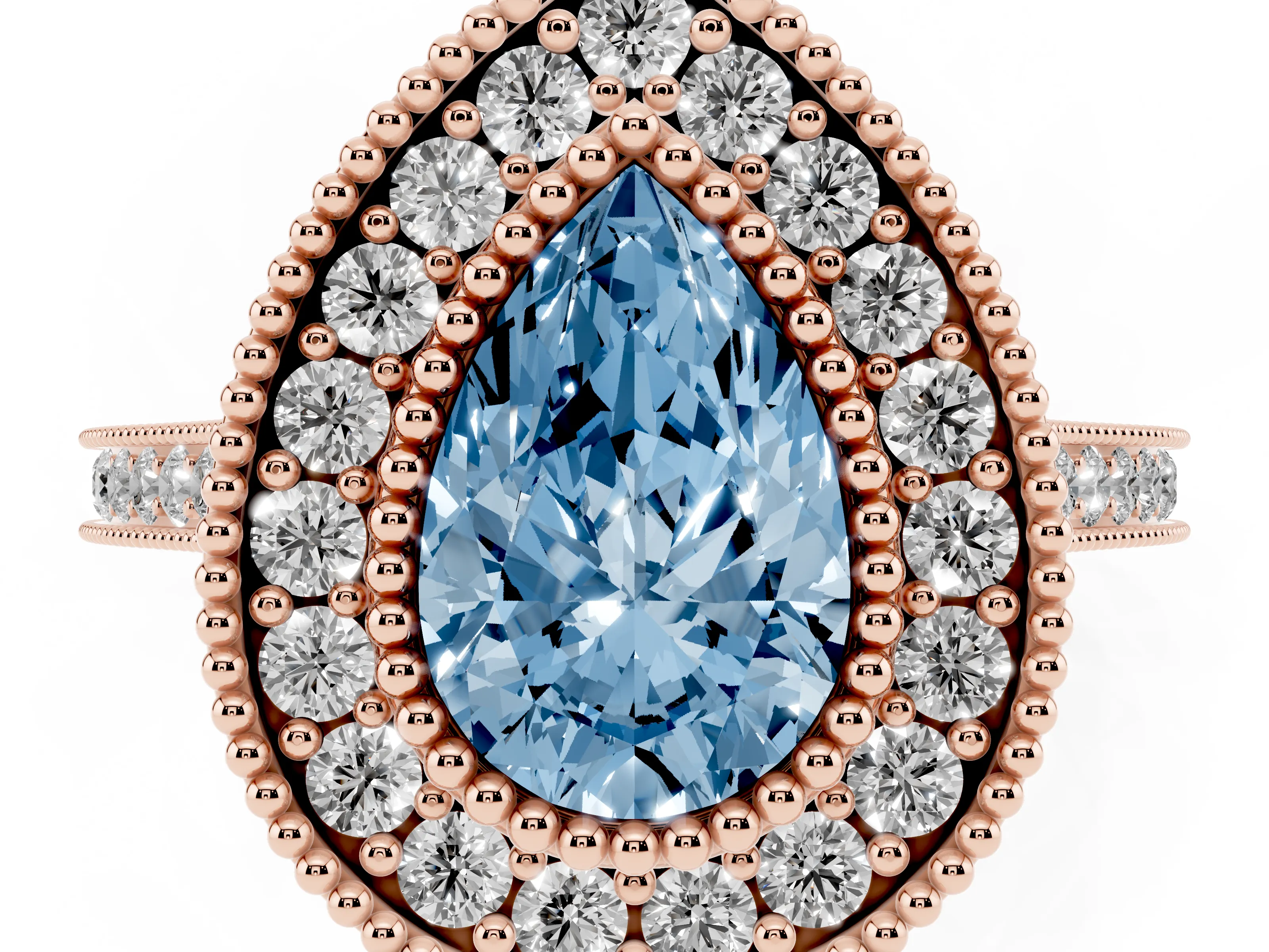 Fancy Blue Pear Cut Diamond Halo Ring Set in Rose gold with Milgrain Frame and Pavé Band