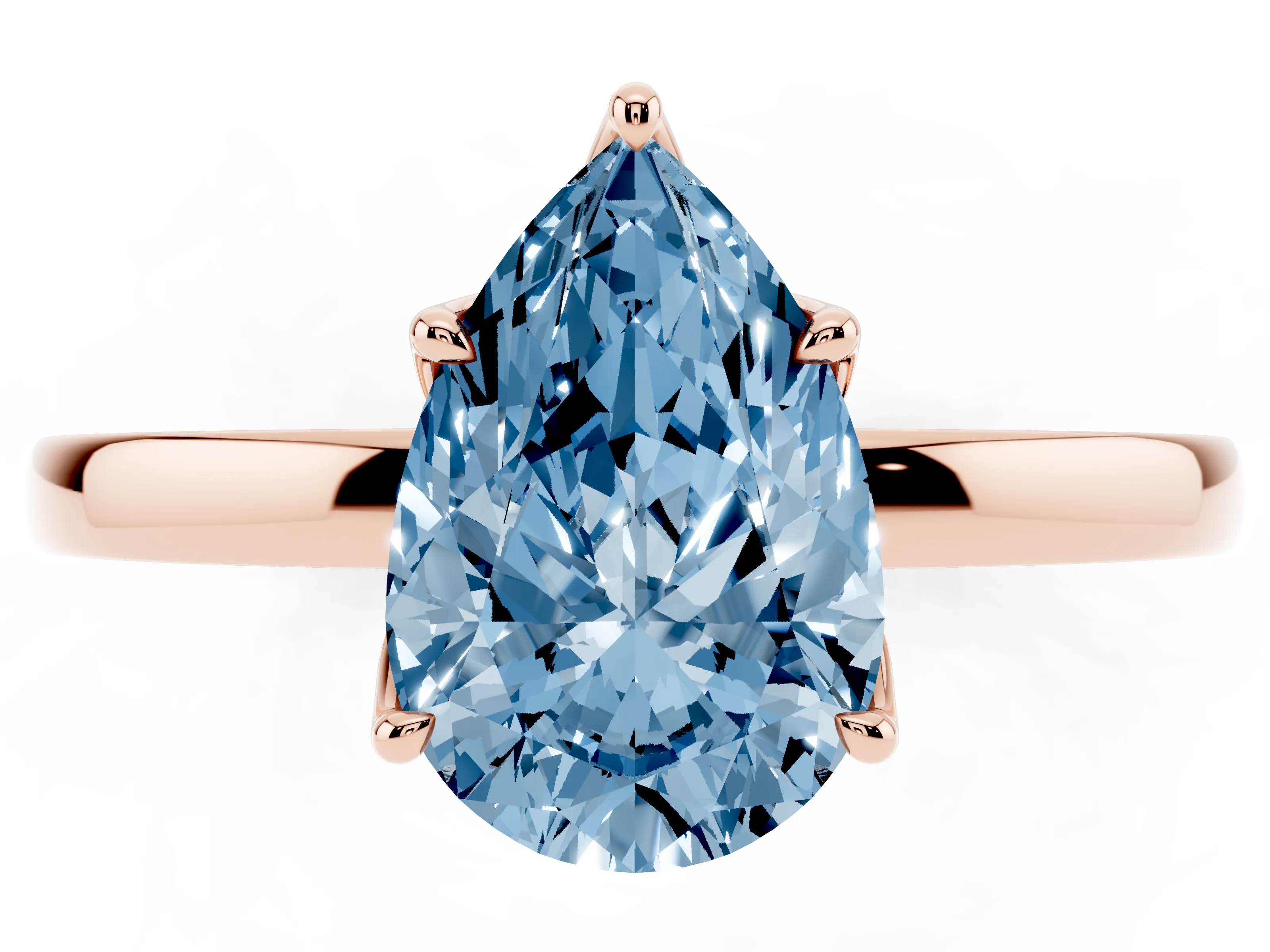 Fancy Blue Pear Cut Diamond Solitaire Ring Set in Rose gold with Prong Setting and Thin Polished Band