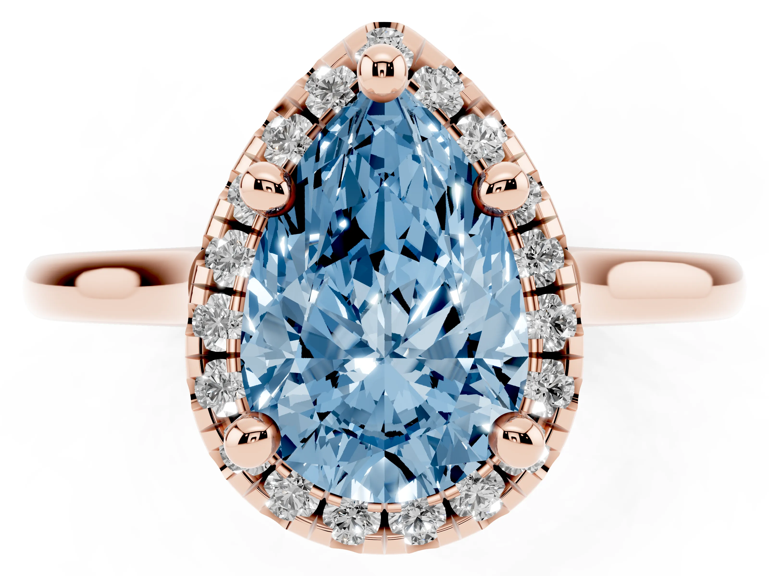 Fancy Blue Pear Cut Diamond Halo Engagement Ring Set in Rose gold with Pavé Band and Rising Shoulders
