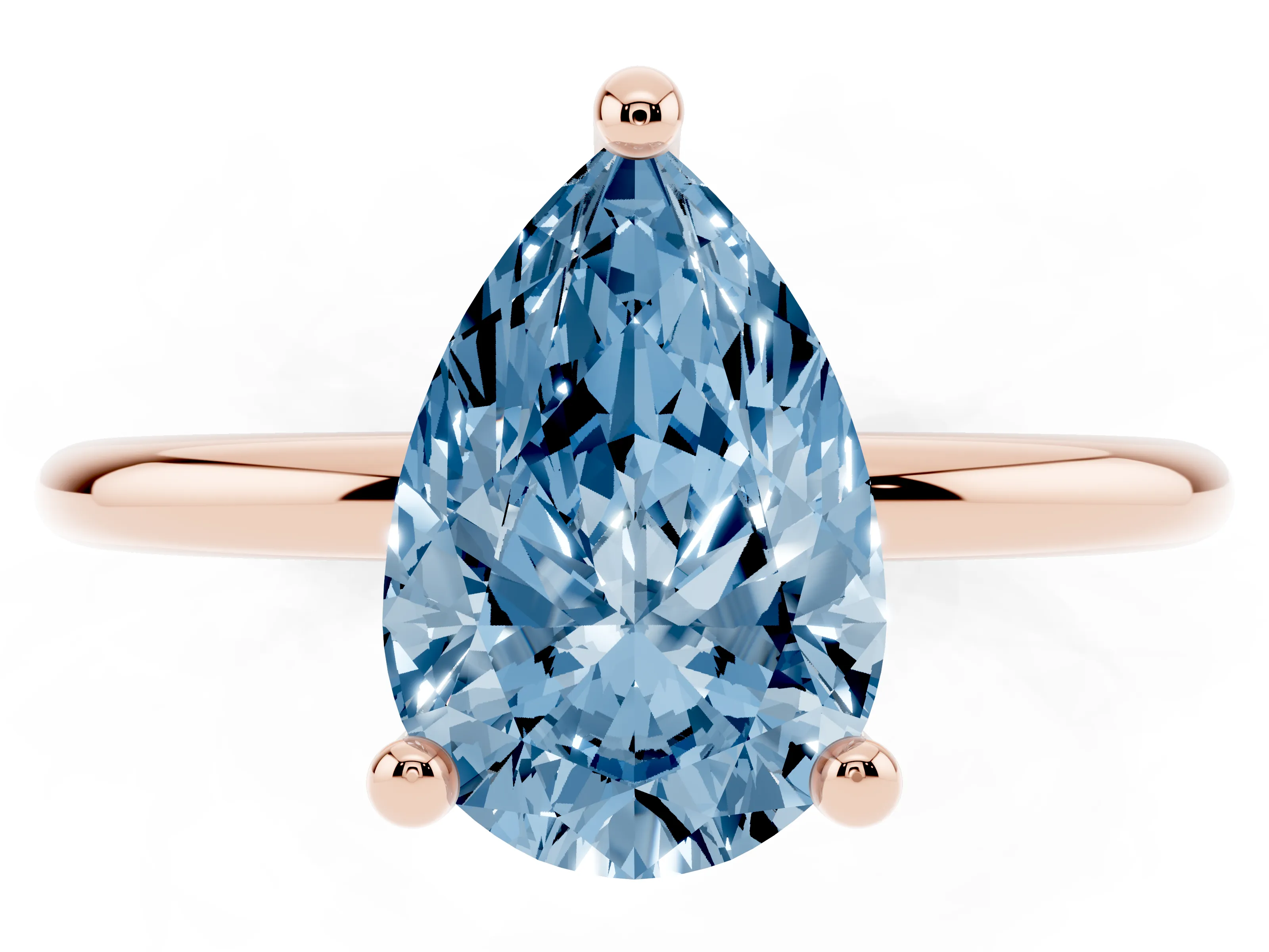 Fancy Blue Pear Cut Diamond Solitaire Ring Set in Rose gold with Secure Prong Setting on a Classic Band