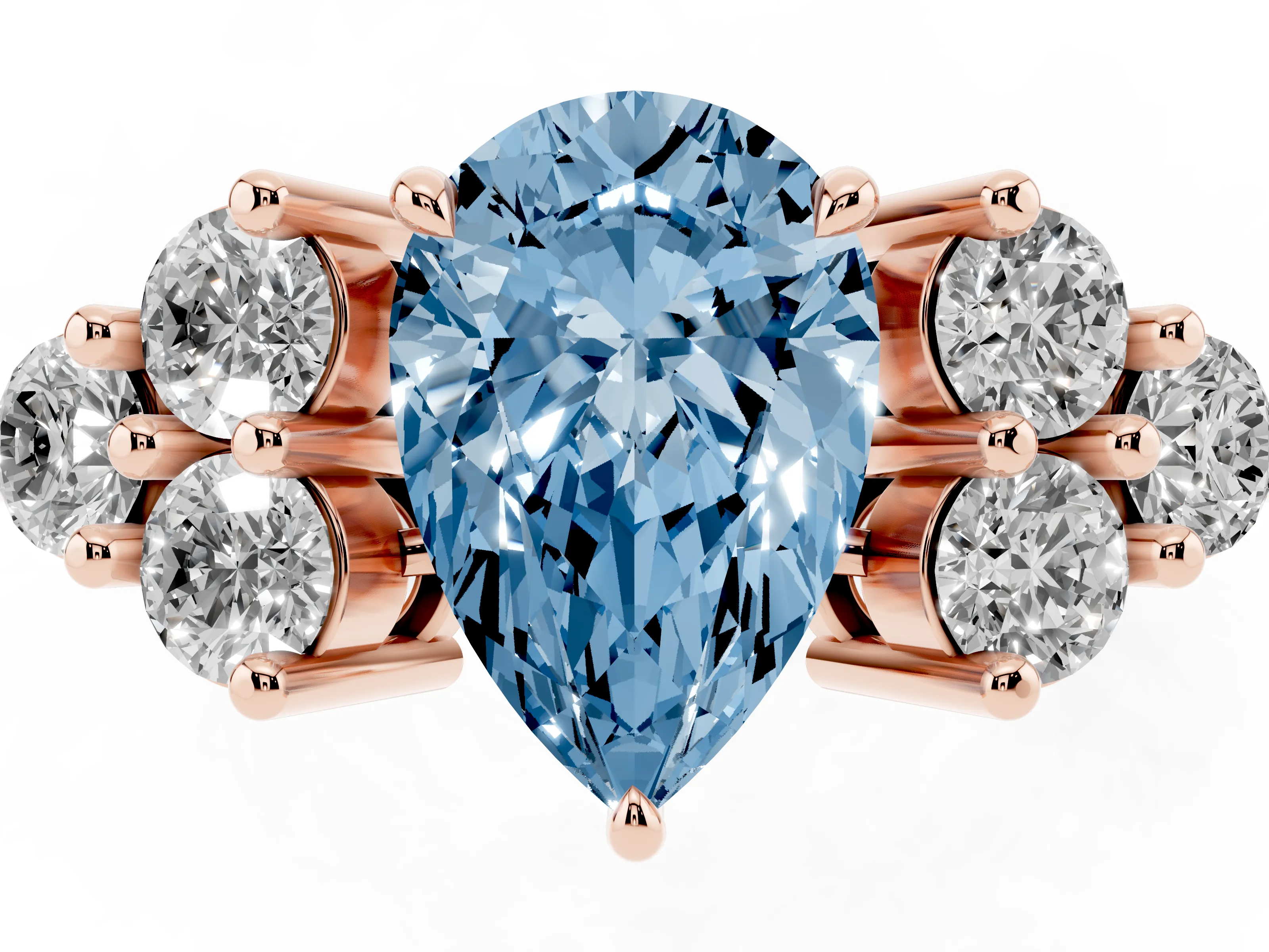Fancy Blue Pear Cut Diamond Solitaire Ring Set in Rose gold with Cluster Accents on Each Side