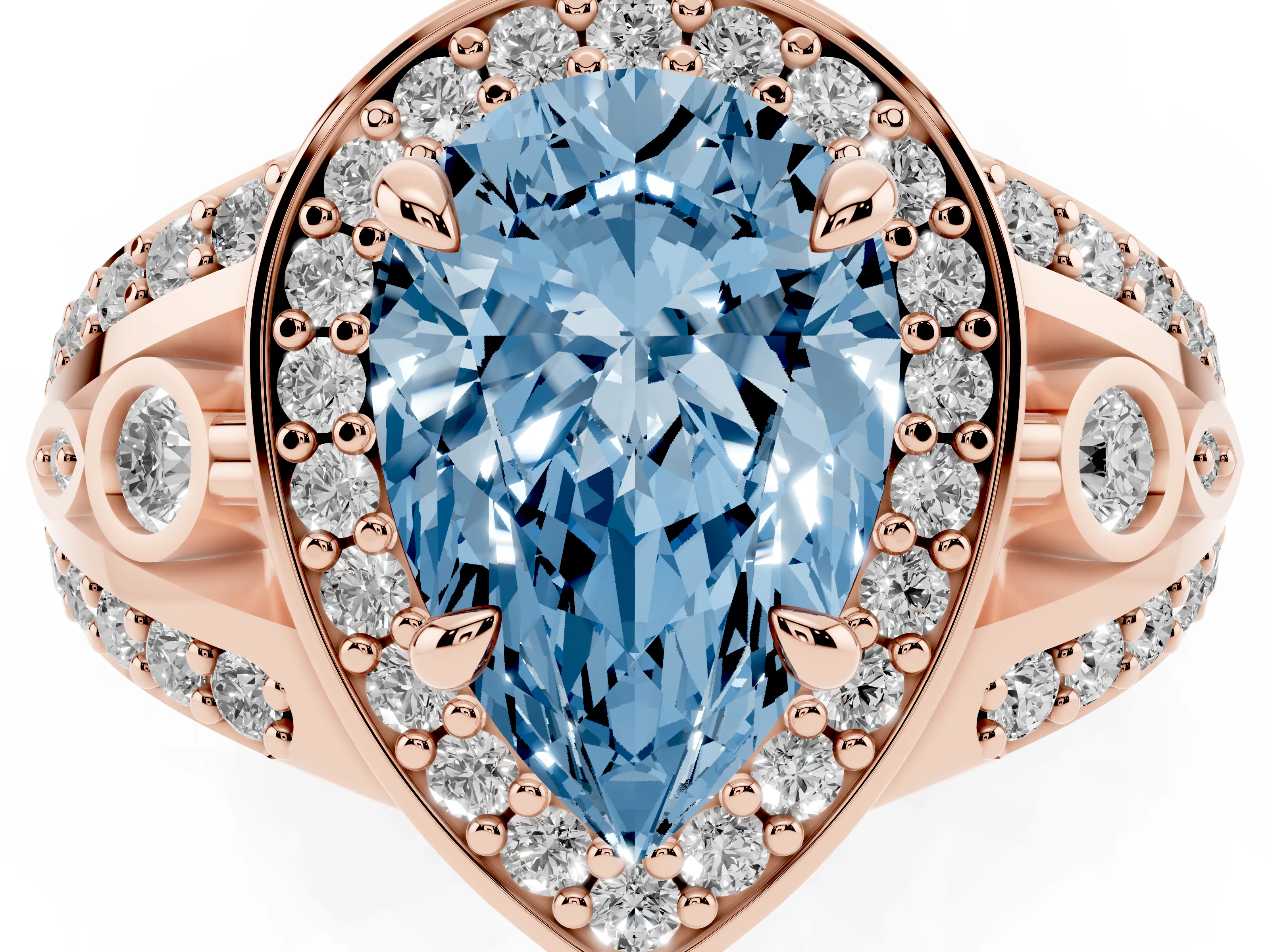 Fancy Blue Pear Cut Diamond Halo Ring Set in Rose gold with Pavé Split Shank and Bezel Accents