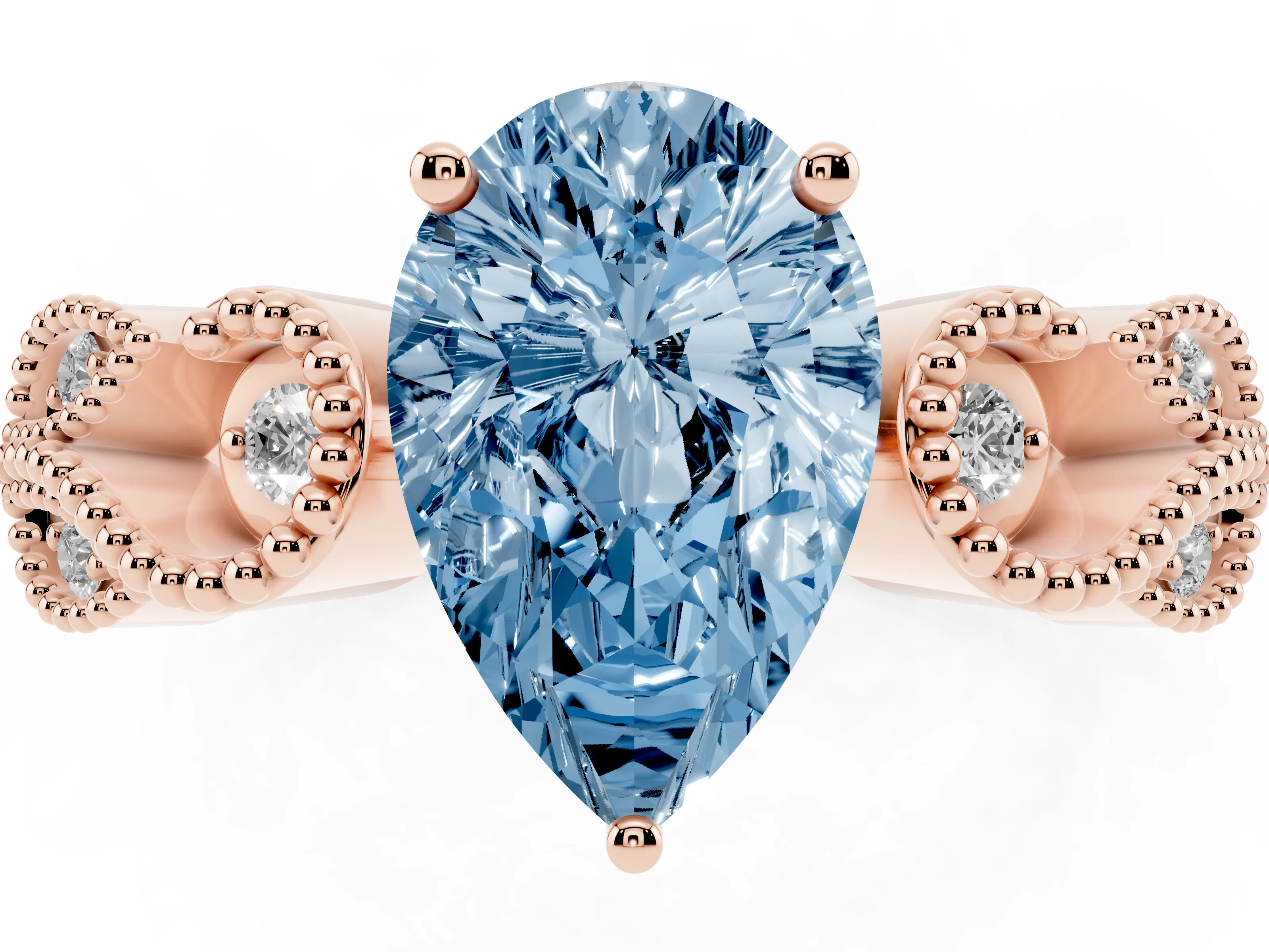 Fancy Blue Pear Cut Diamond Milgrain Leaf Band Solitaire Ring Set in Rose gold with Accent Stones and Prong Setting