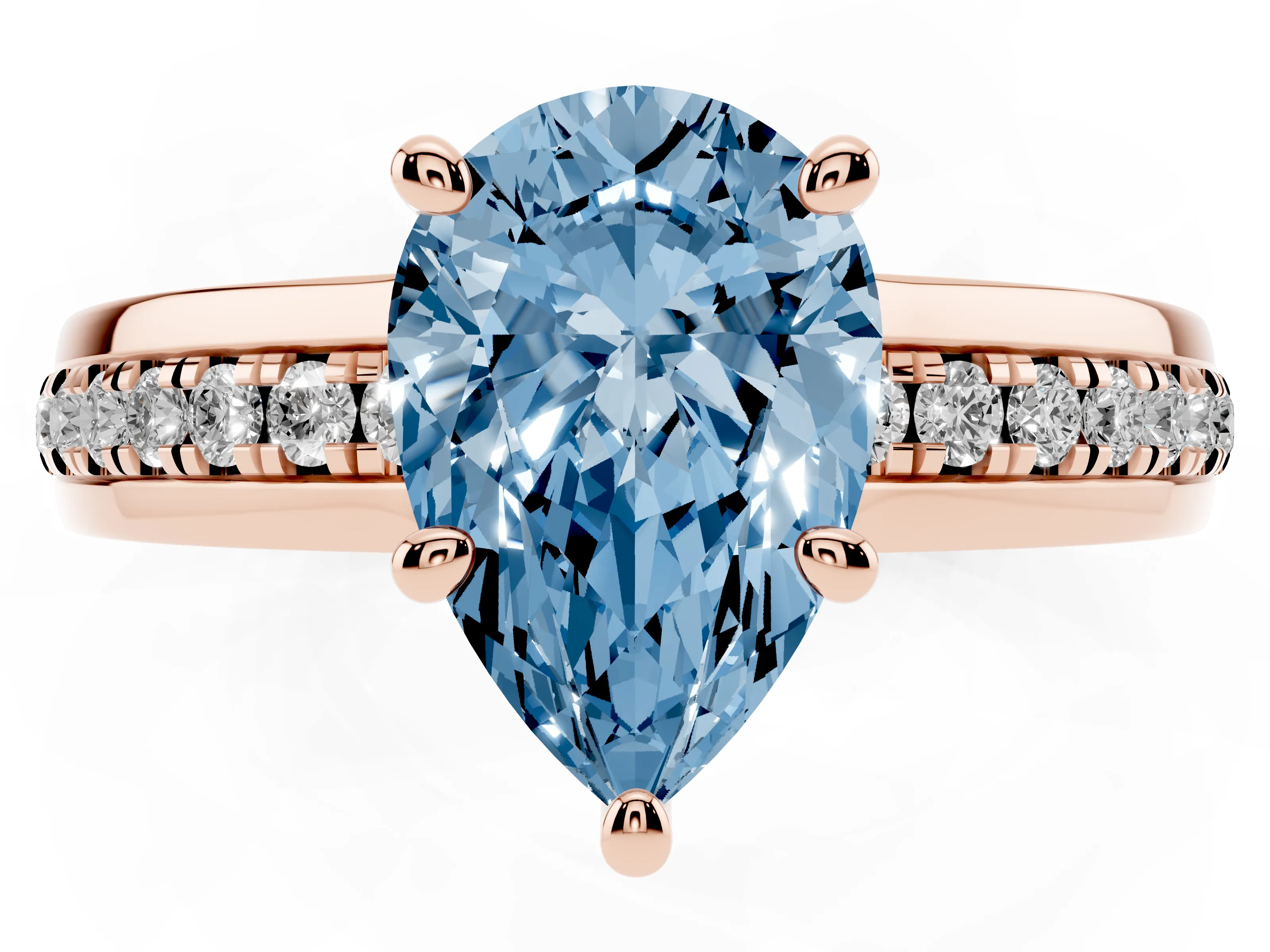 Fancy Blue Pear Cut Diamond Solitaire Ring Set in Rose gold with Channel Set Band and Prong Setting
