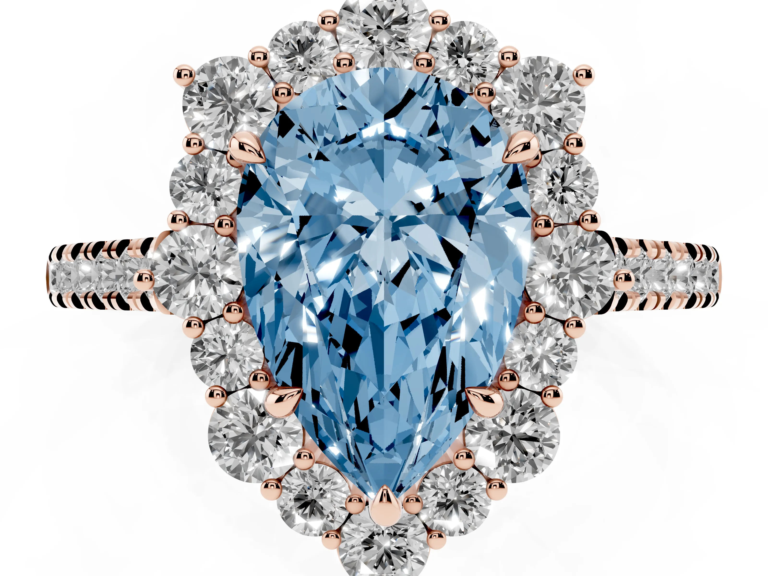 Fancy Blue Pear Cut Diamond Halo Ring Set in Rose gold with Pavé Band and Prong Setting