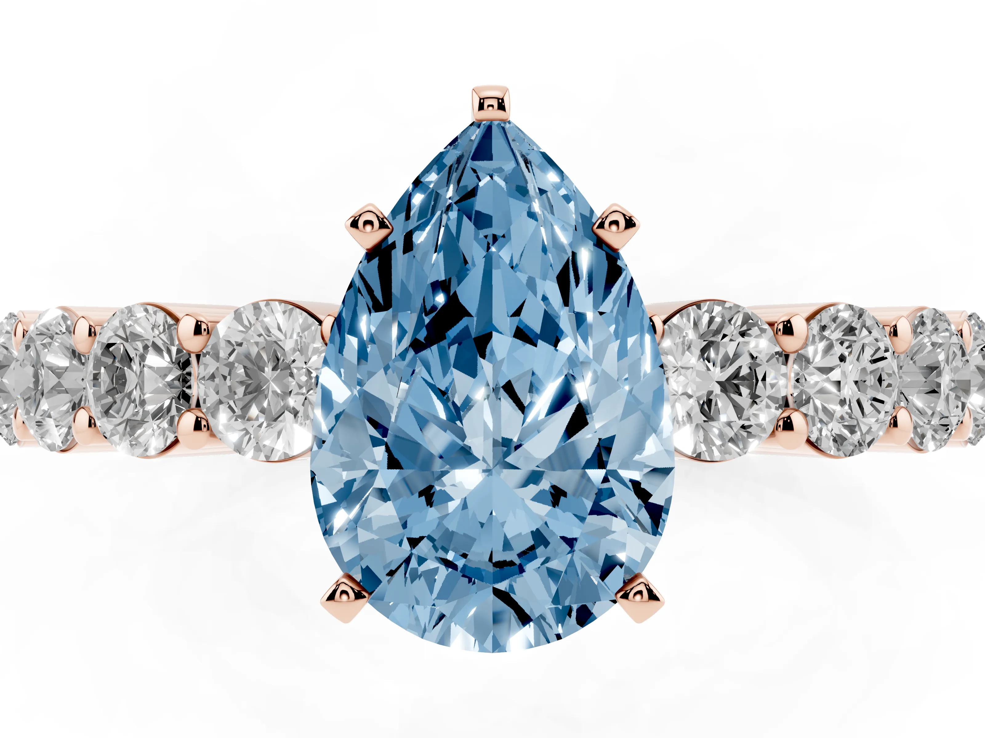 Fancy Blue Pear Cut Diamond Solitaire Ring Set in Rose gold with Shared Prong Round Side Stones