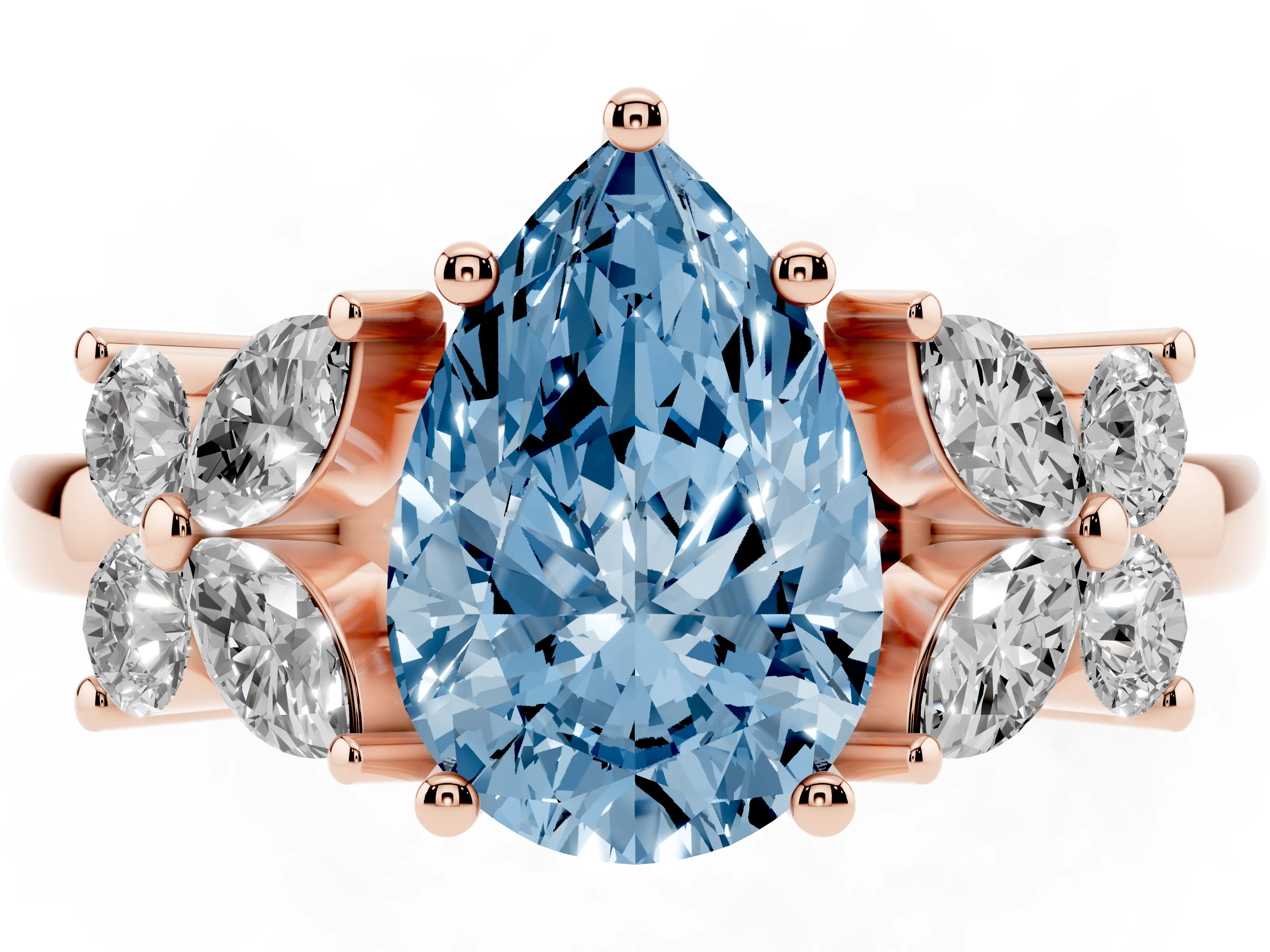 Fancy Blue Pear Cut Diamond Floral Cluster Ring Set in Rose gold with Marquise Petals and Prong Setting