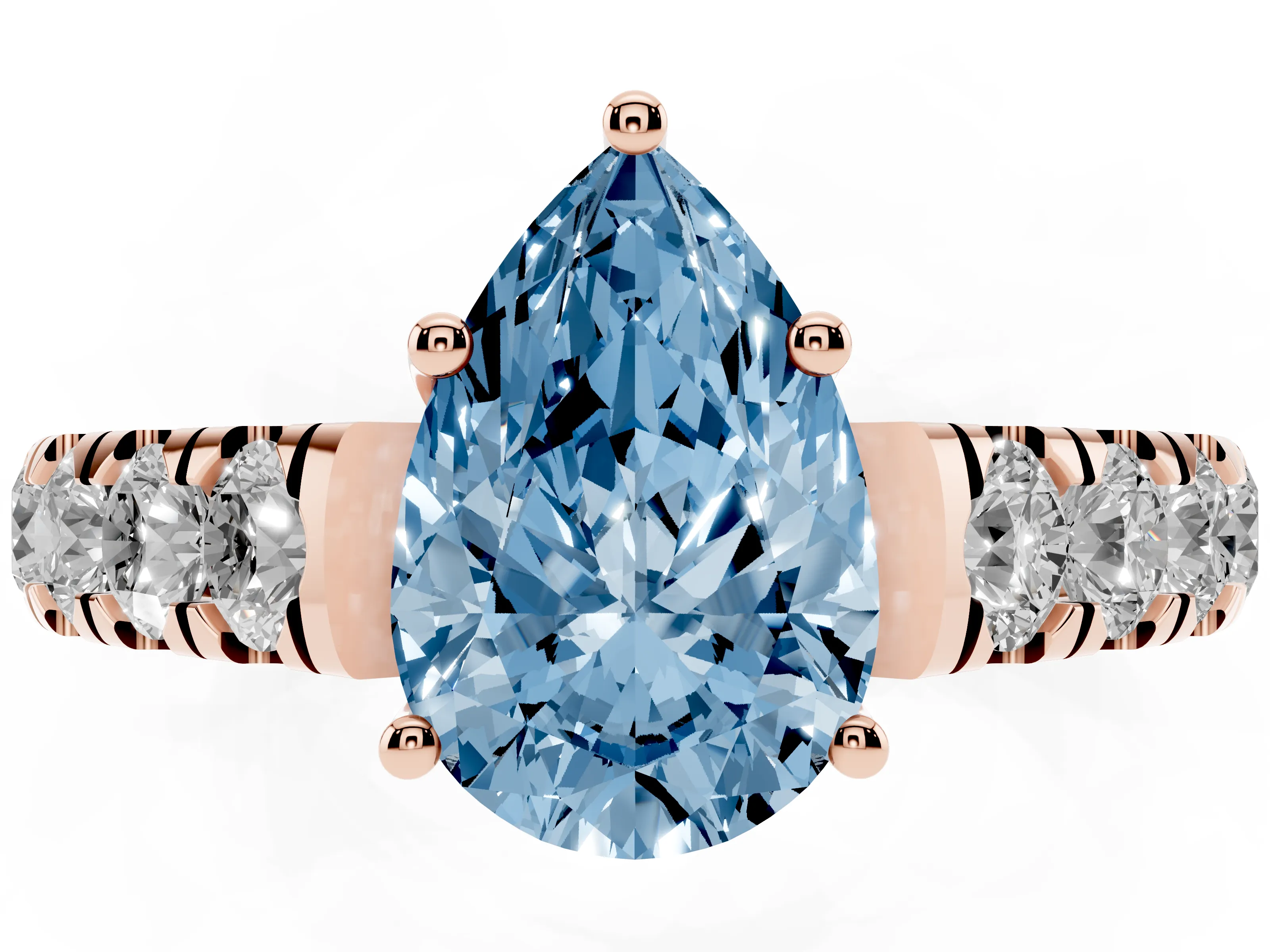 Fancy Blue Pear Cut Diamond Solitaire Ring Set in Rose gold with Cut-Down Micro Pavé Band and Prong Setting