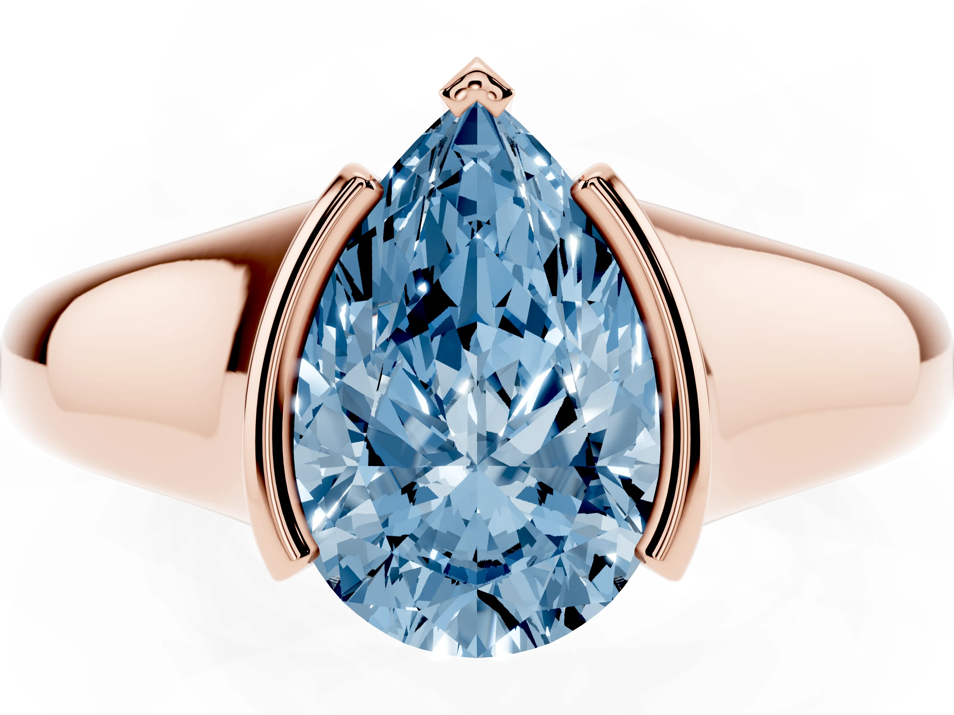 Fancy Blue Pear Cut Diamond Solitaire Tension Set Ring Set in Rose gold with Split Shank Band