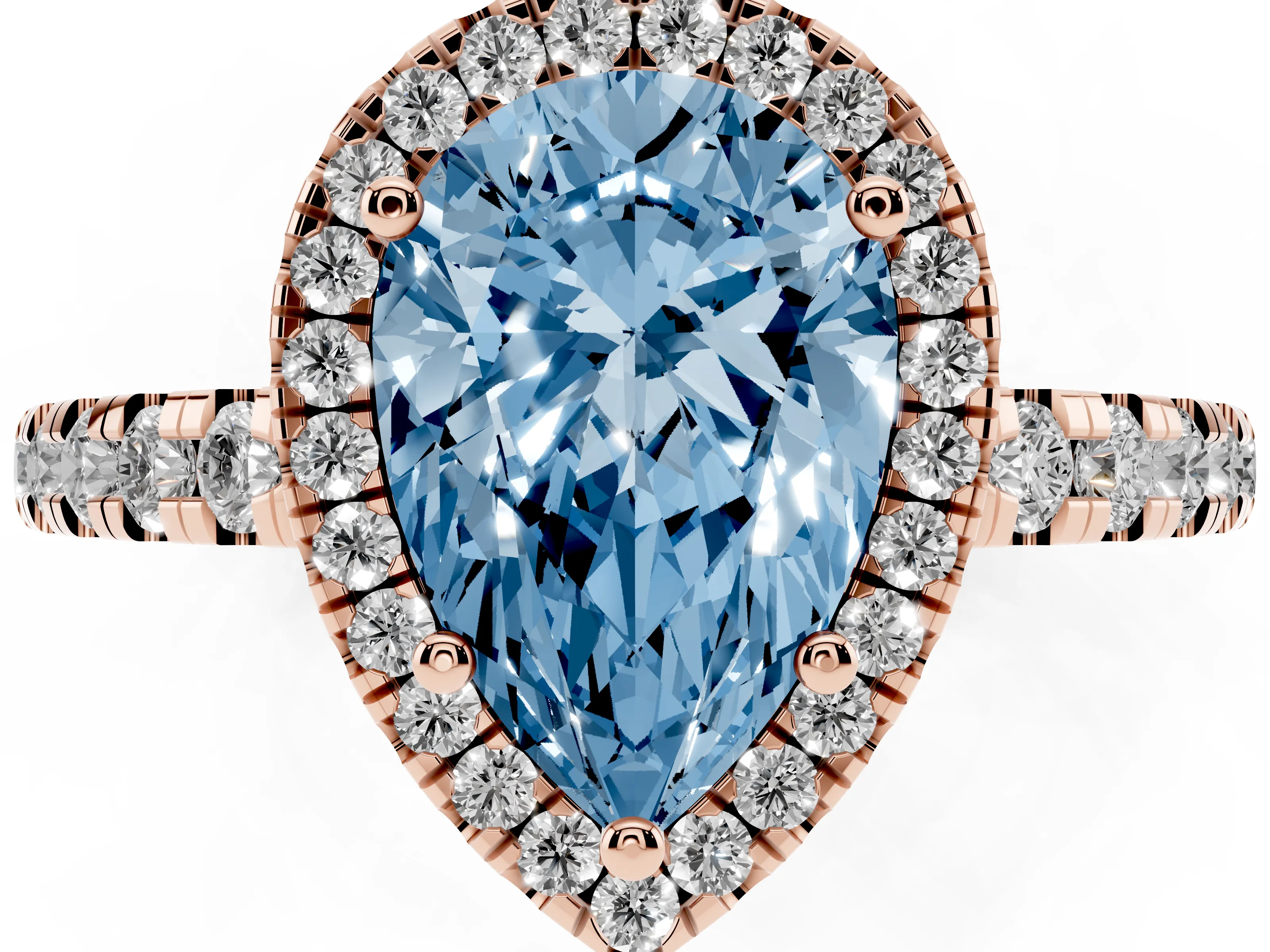 Fancy Blue Pear Cut Diamond Halo Ring Set in Rose gold with Delicate Pavé Band and Prong Setting