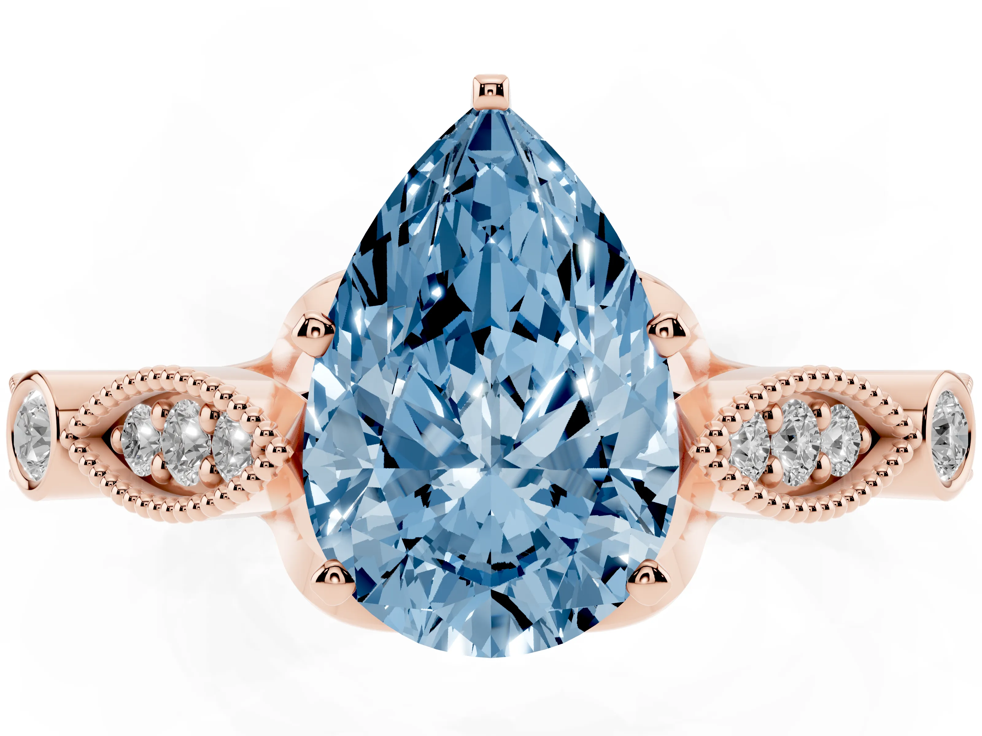 Fancy Blue Pear Cut Diamond Solitaire Ring Set in Rose gold with Milgrain Marquise and Bezel Accents