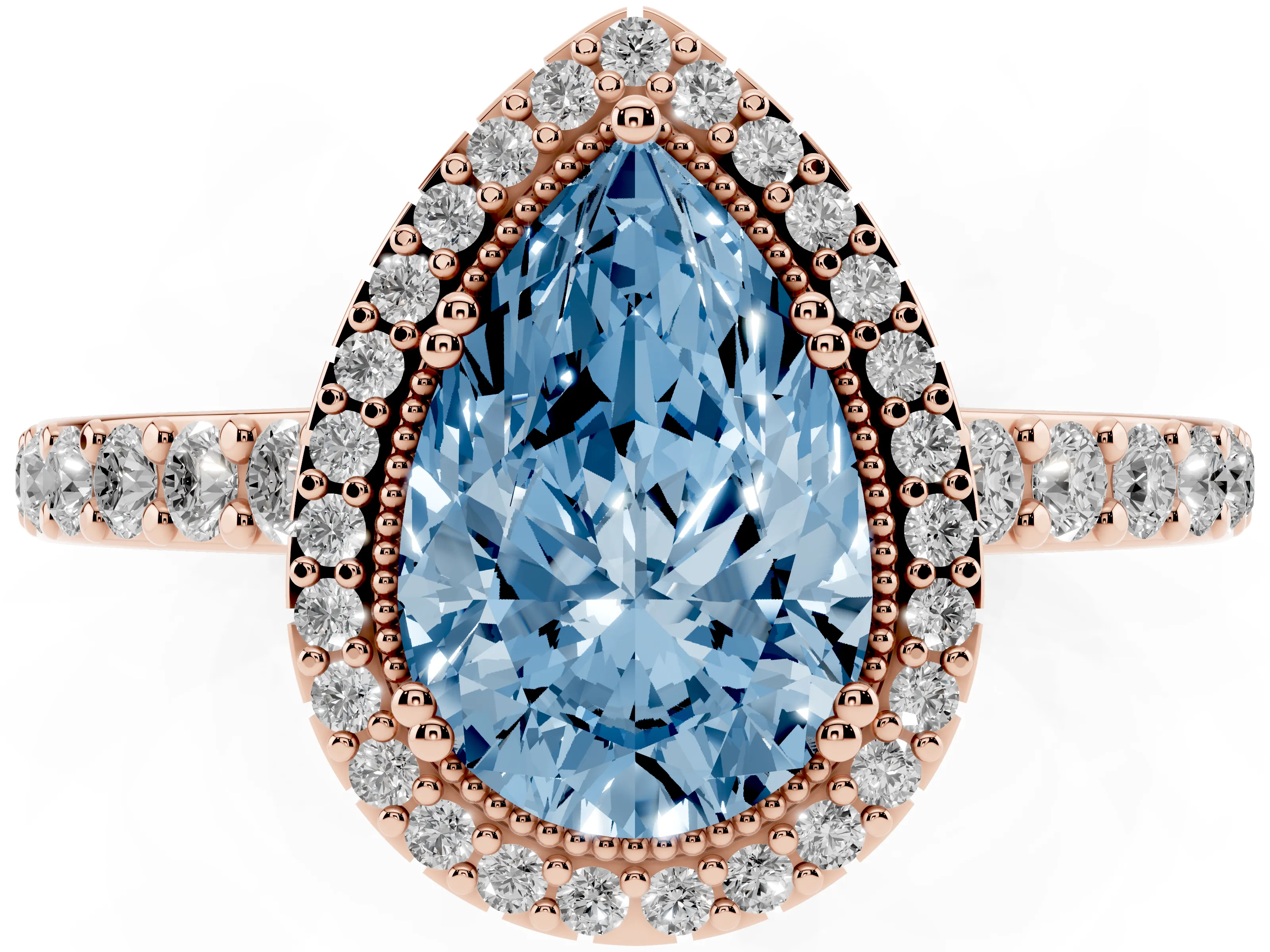 Fancy Blue Pear Cut Diamond Halo Engagement Ring Set in Rose gold with Milgrain Detail and Pavé Band