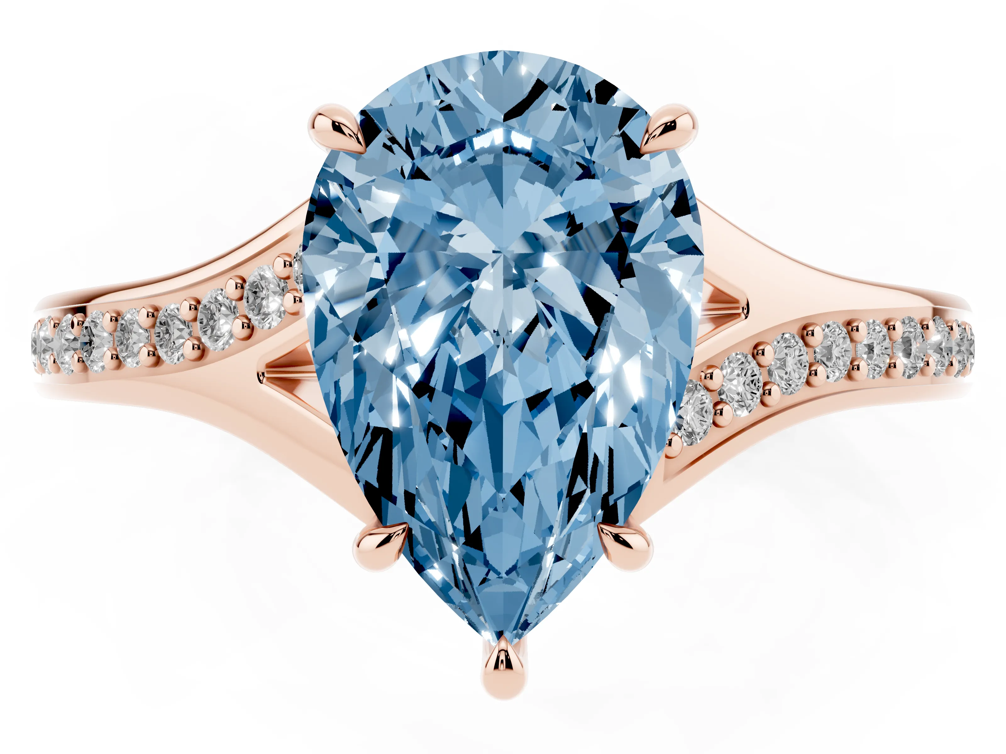 Fancy Blue Pear Cut Diamond Solitaire Ring Set in Rose gold with Pavé Accent Band and Classic Prong Setting