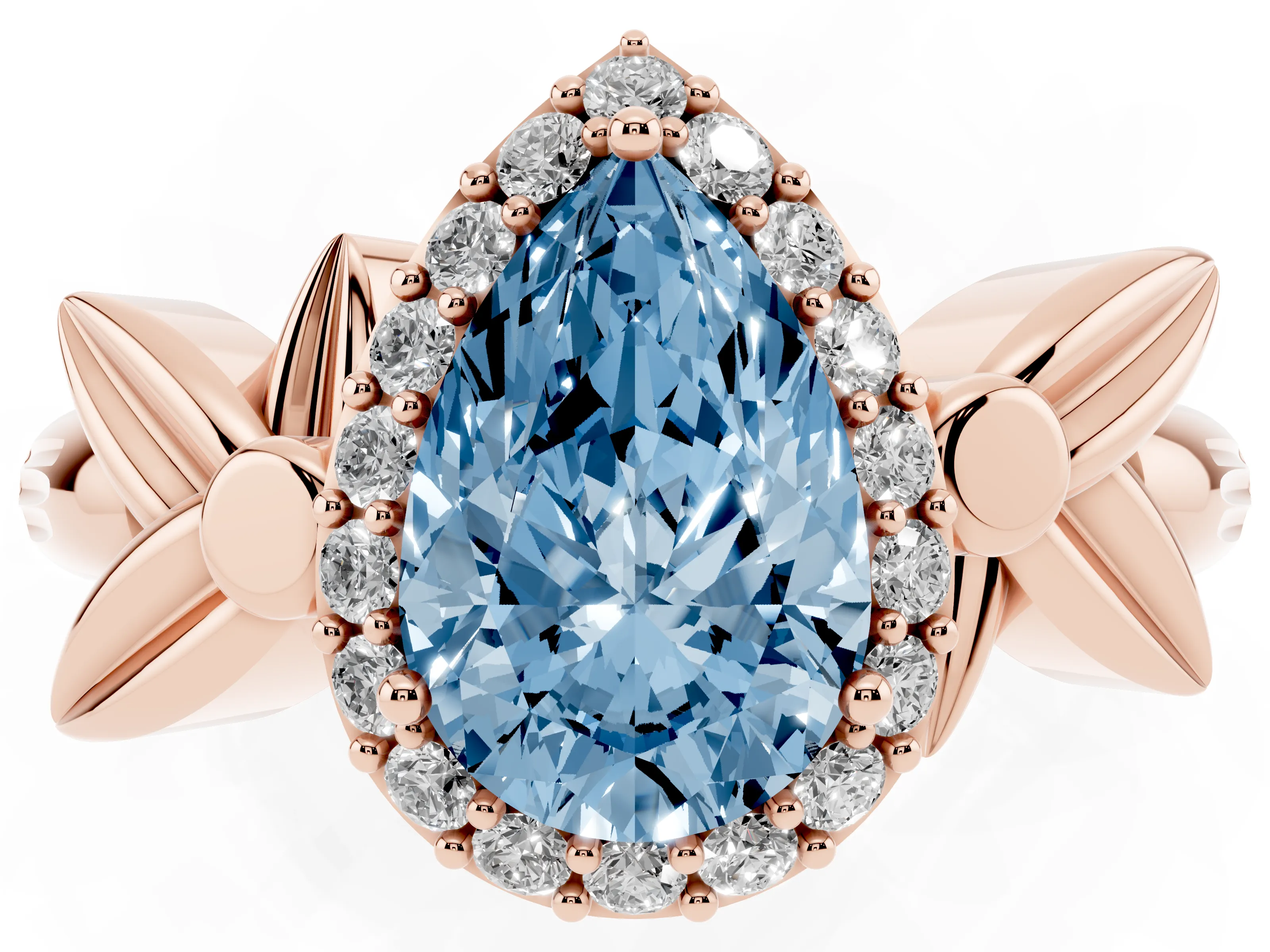 Fancy Blue Pear Cut Diamond Halo Floral Band Ring Set in Rose gold with Prong Setting