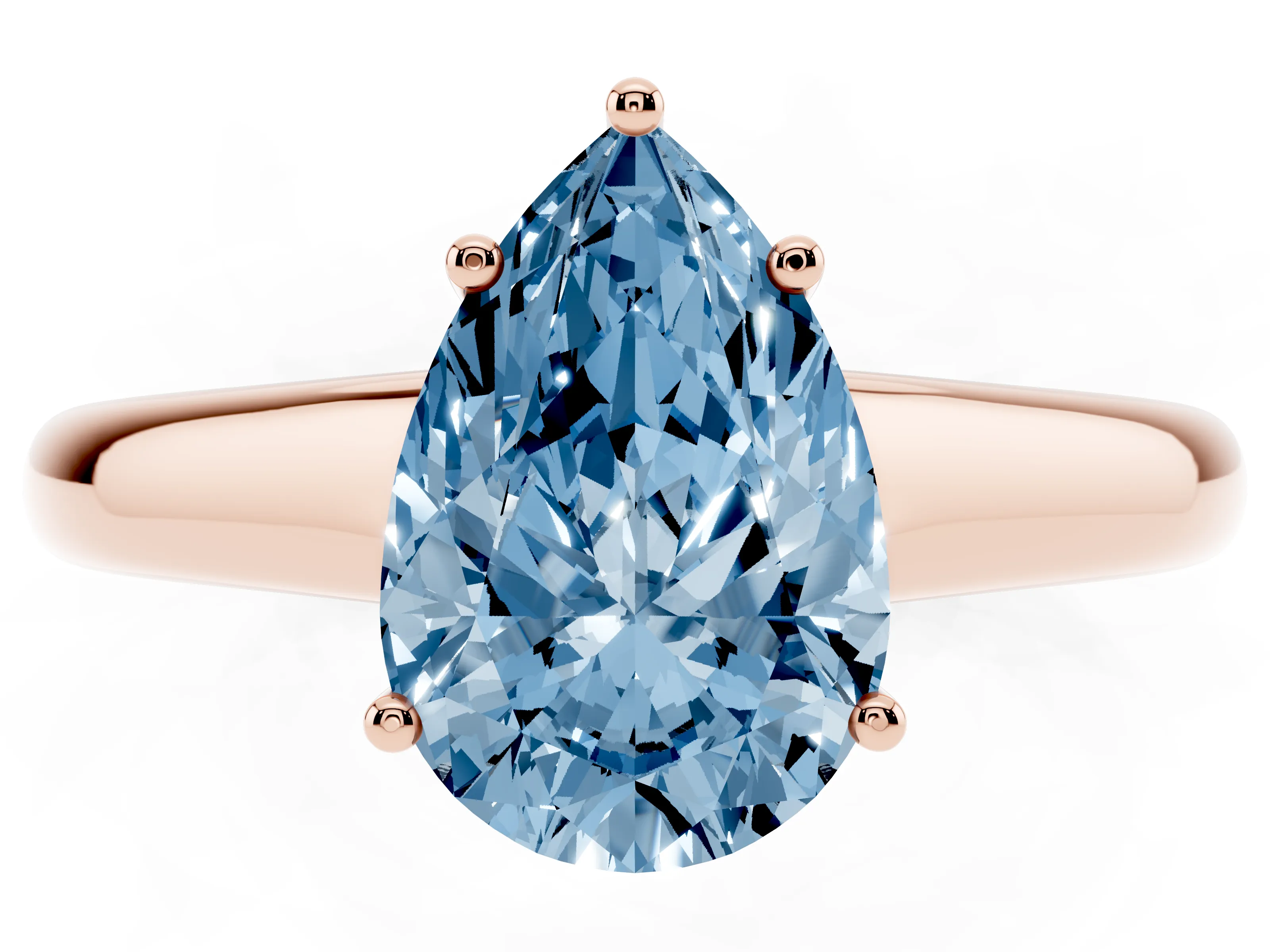 Fancy Blue Pear Cut Diamond Solitaire Engagement Ring Set in Rose gold with Subtly Tapered Band and Prong Setting