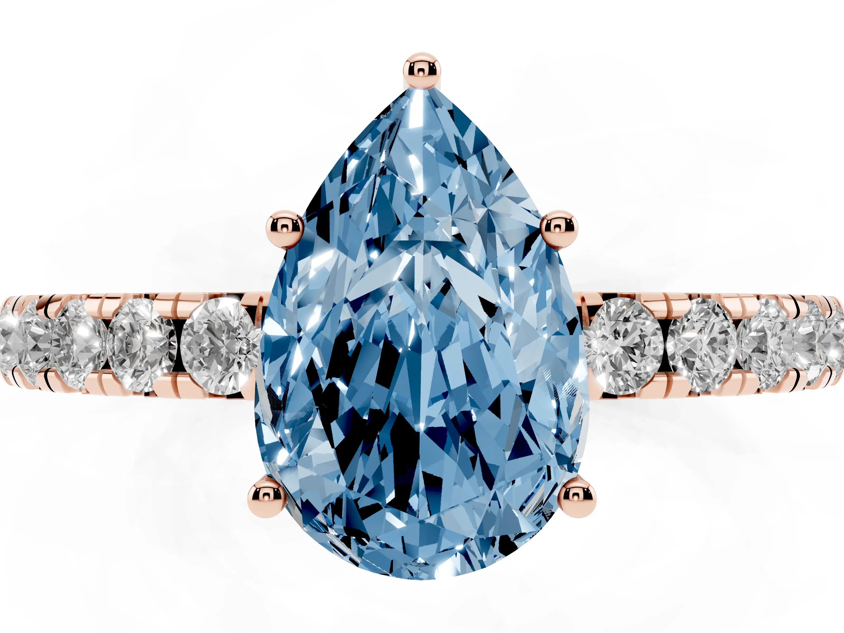 Fancy Blue Pear Cut Diamond Pavé Solitaire Engagement Ring Set in Rose gold with Prong Setting