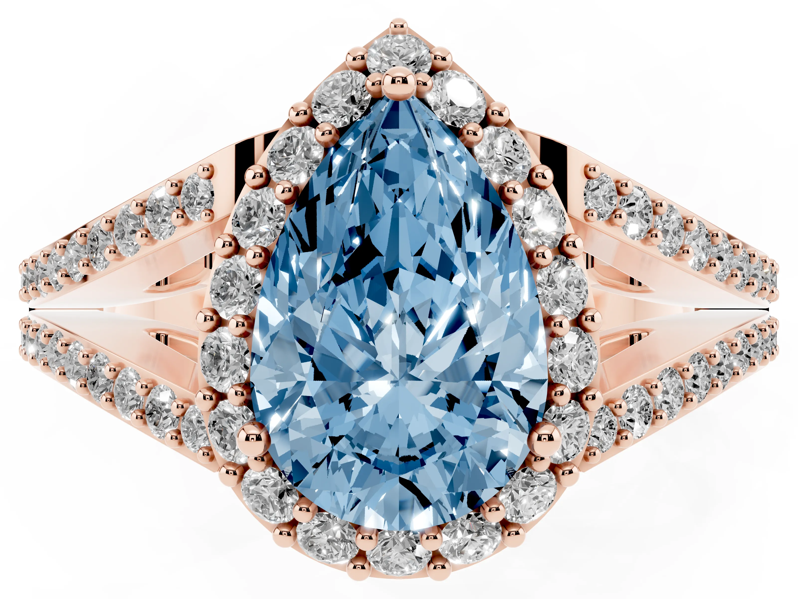 Fancy Blue Pear Cut Diamond Halo Split Shank Pavé Ring Set in Rose gold with Prong Setting