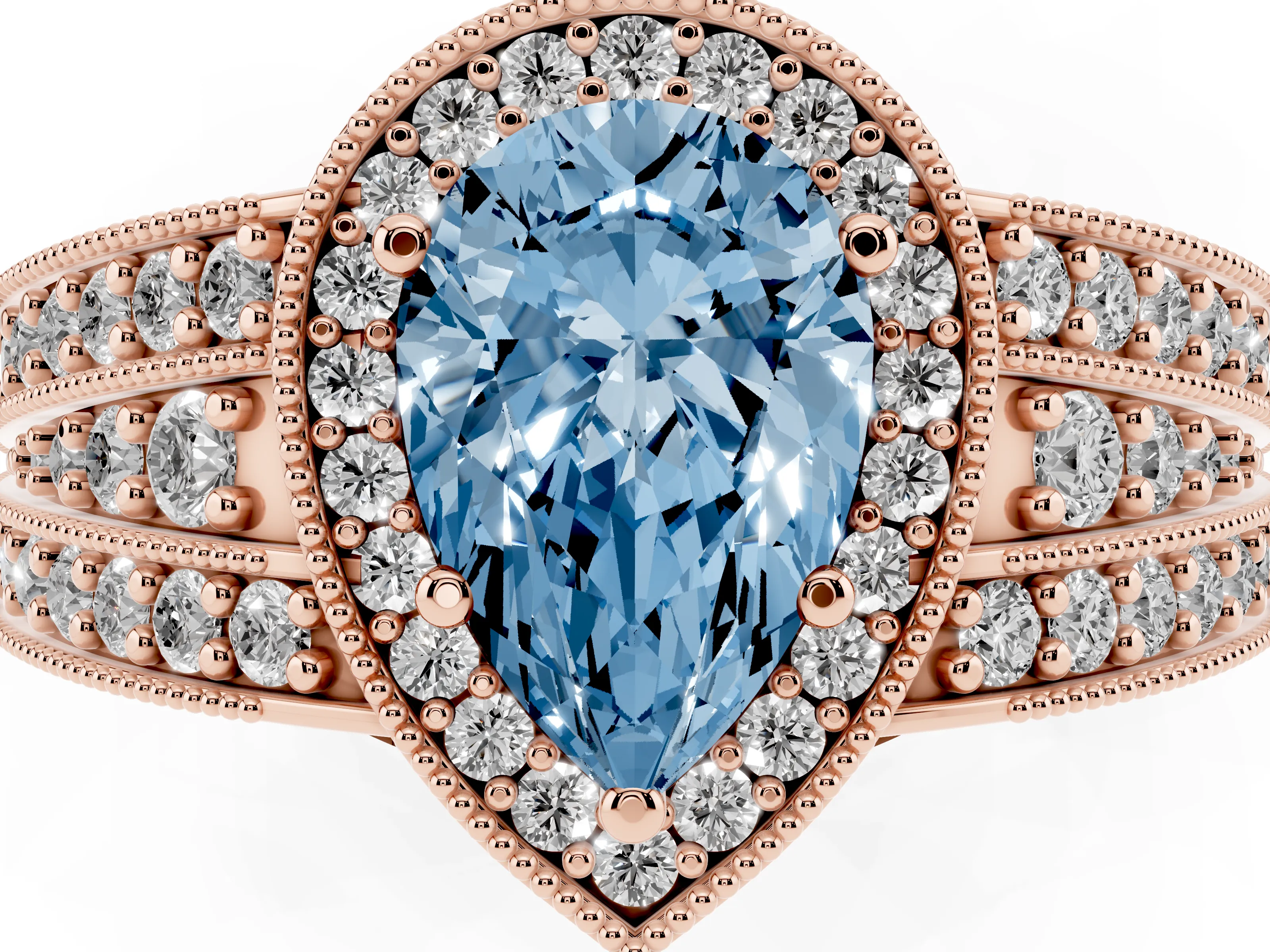 Fancy Blue Pear Cut Diamond Halo Ring Set in Rose gold with Accent Split Shank and Prong Setting