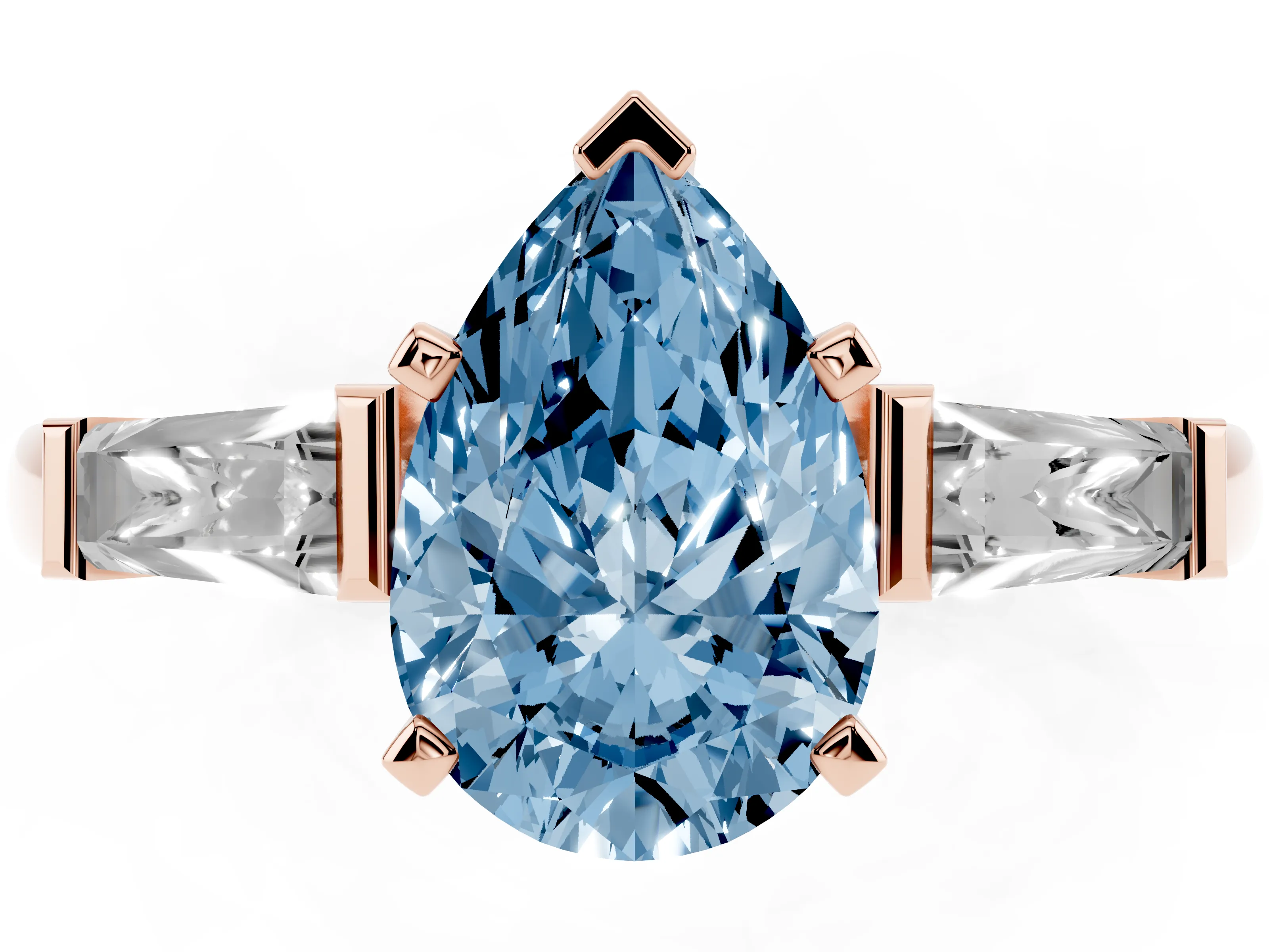 Fancy Blue Pear Cut Diamond Solitaire Ring Set in Rose gold with Tapered Baguette Side Stones and Prong Setting