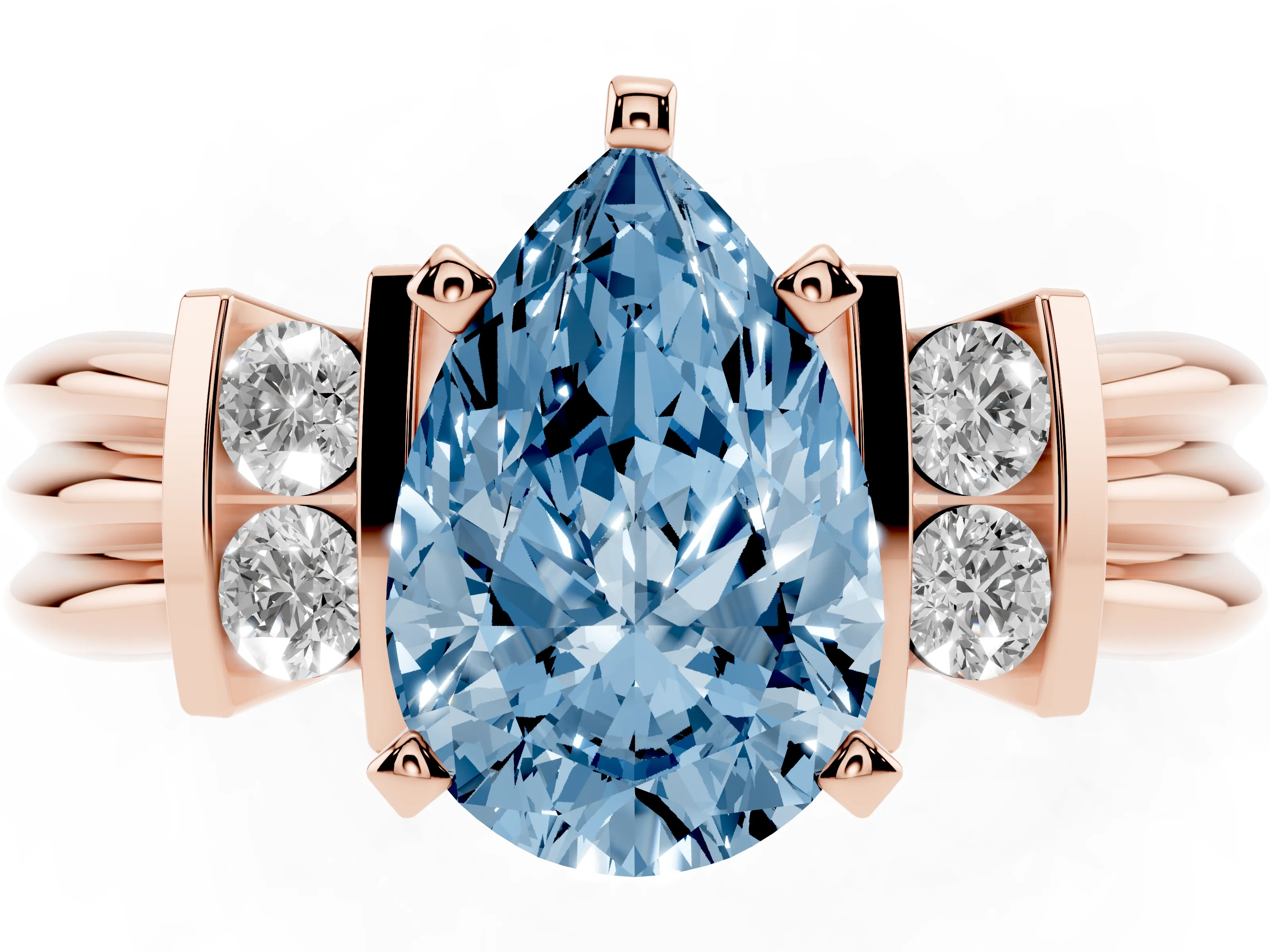 Fancy Blue Three-Stone Pear Cut Diamond Channel Set Ring Set in Rose gold with Bar Prongs