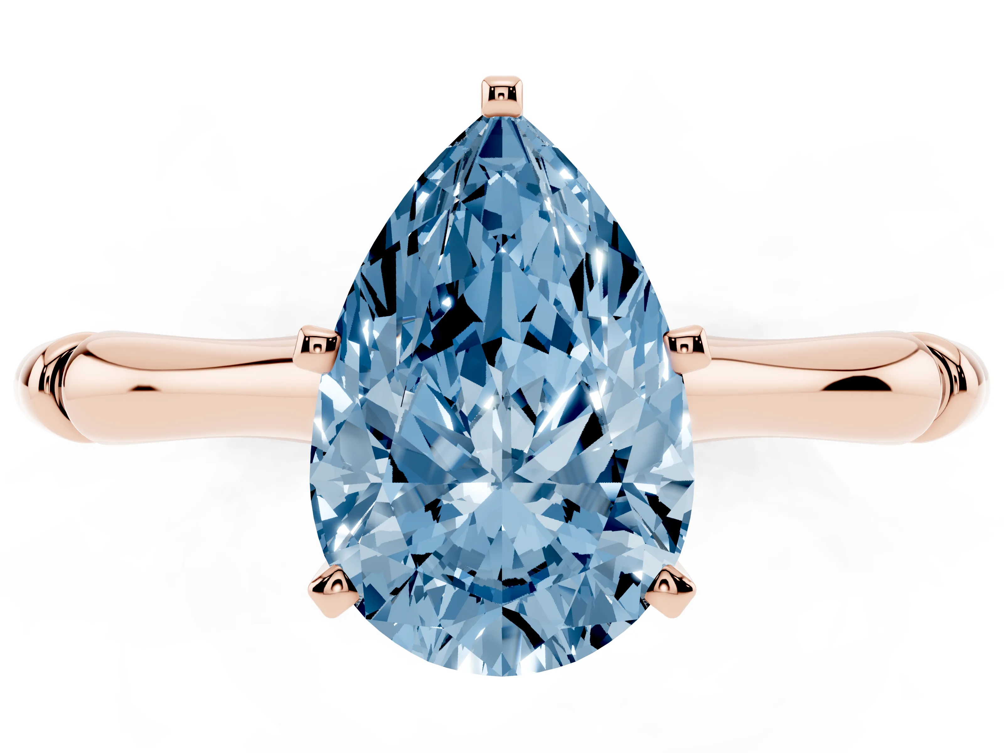 Fancy Blue Pear Cut Diamond Solitaire Ring Set in Rose gold with Bamboo Band and Prong Setting