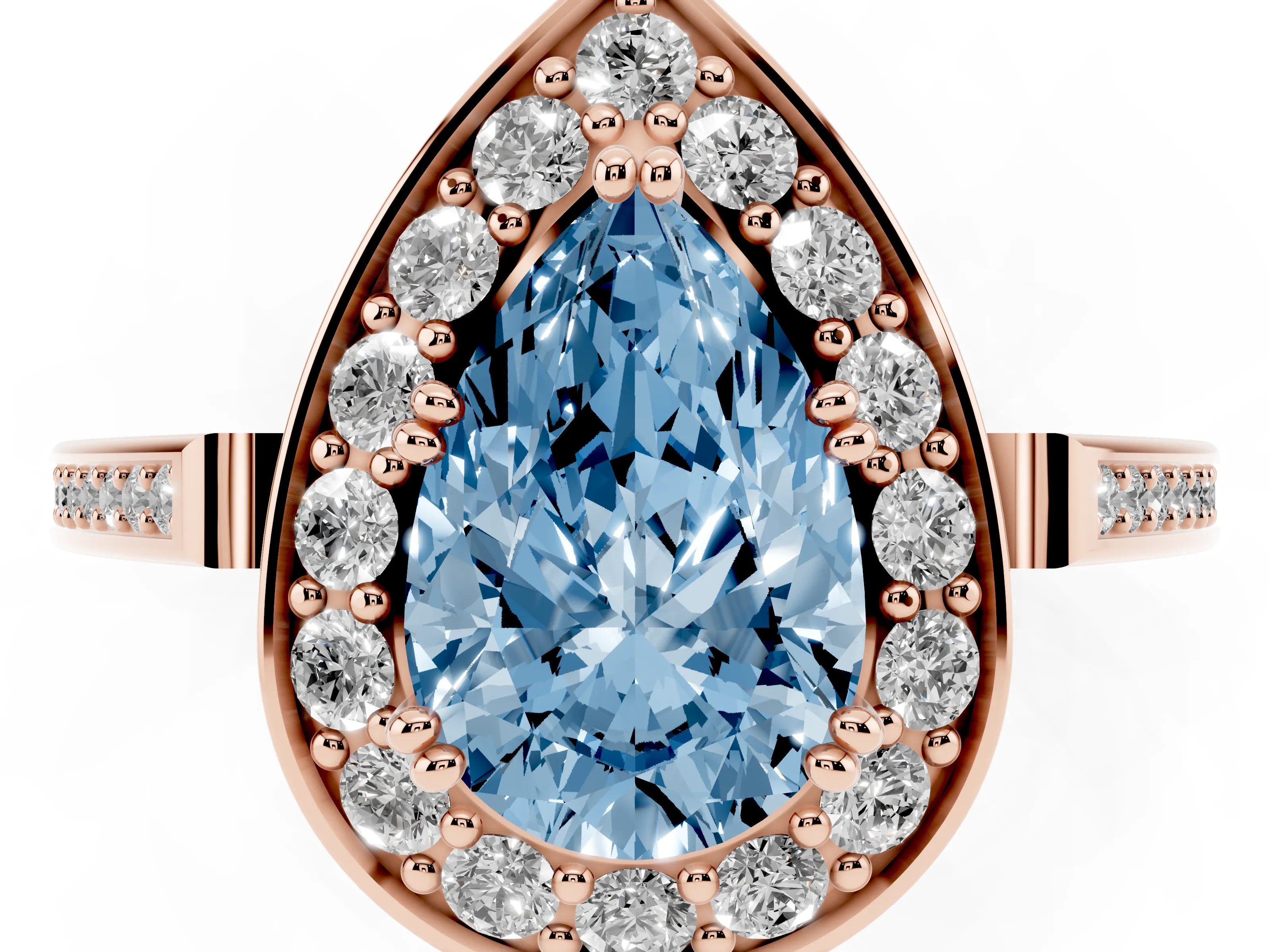 Fancy Blue Pear Cut Diamond Halo Ring Set in Rose gold with Accent-Lined Split Shank and Prong Setting