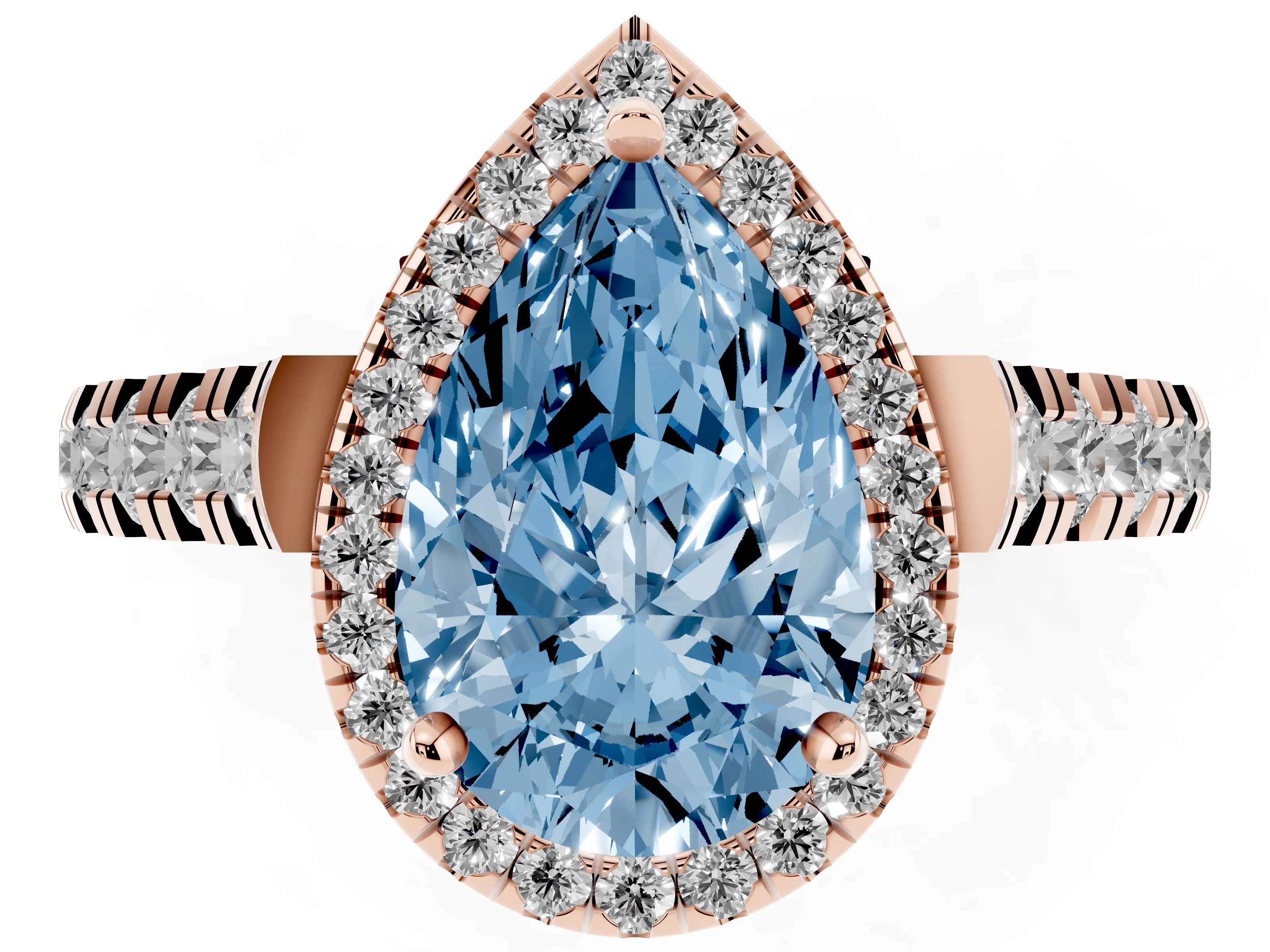 Fancy Blue Pear Cut Diamond Halo Engagement Ring Set in Rose gold with Pavé Band and Prong-Set Center