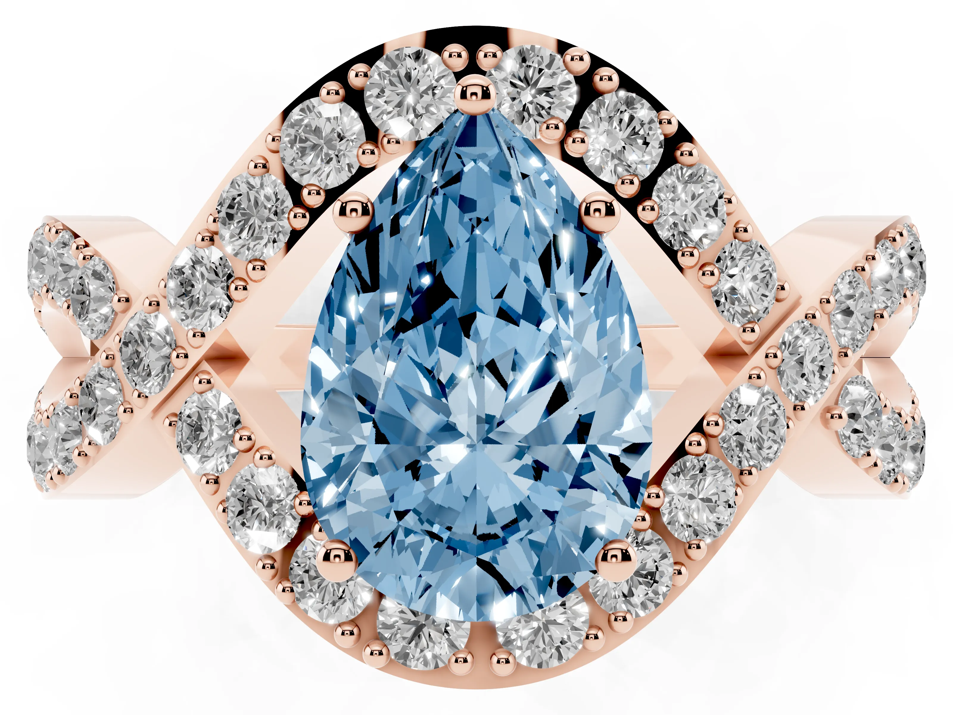 Fancy Blue Pear Cut Diamond Solitaire Twist Band Pavé Engagement Ring Set in Rose gold