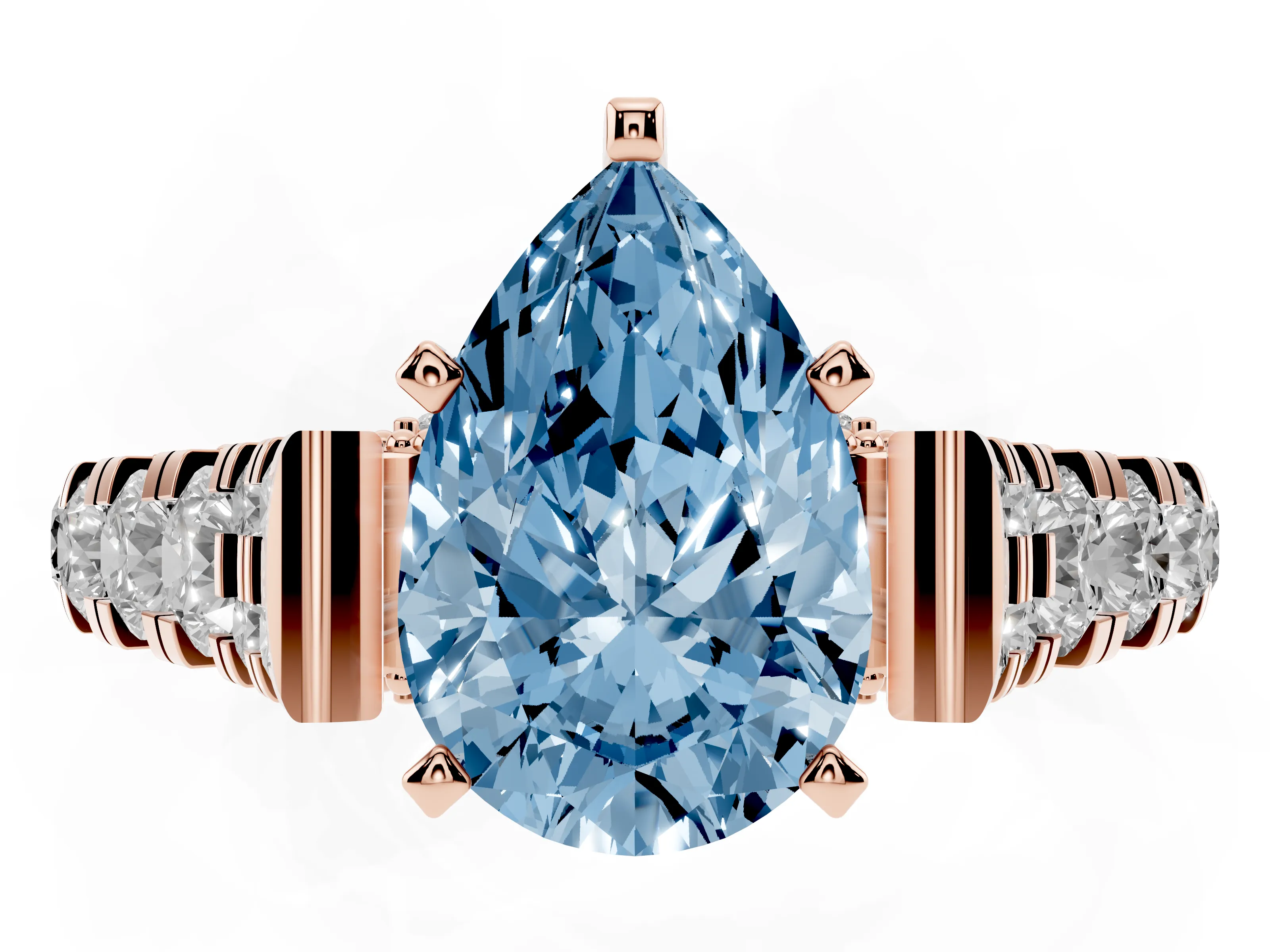 Fancy Blue Pear Cut Diamond Classic Solitaire Ring Set in Rose gold with Pavé Band and Prong Setting