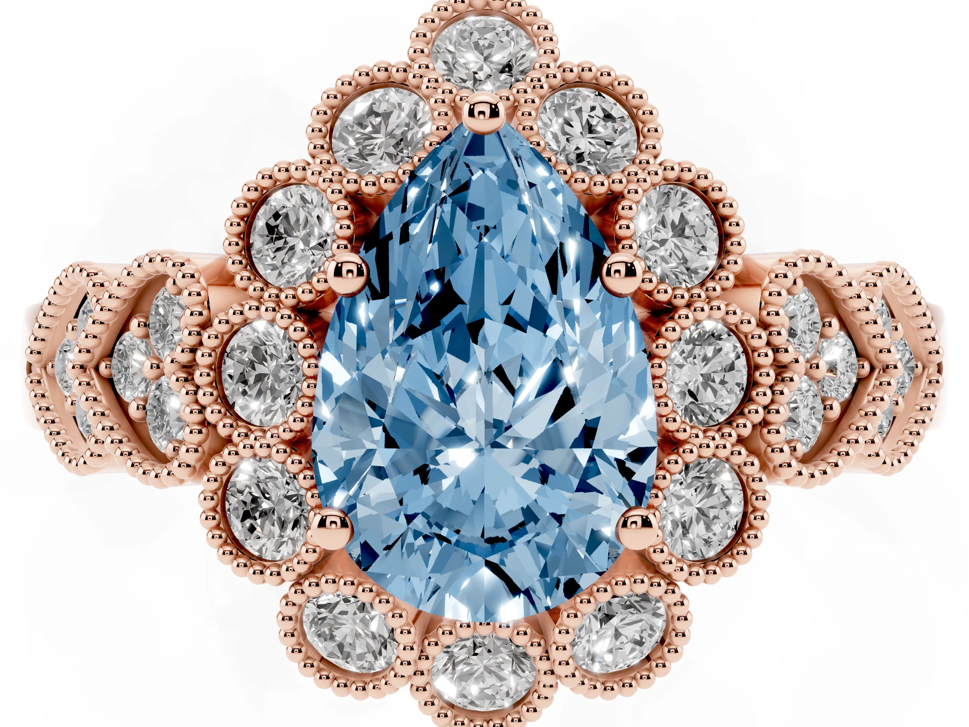 Fancy Blue Pear Cut Diamond Solitaire Ring Set in Rose gold with Milgrain Pavé Heart Band