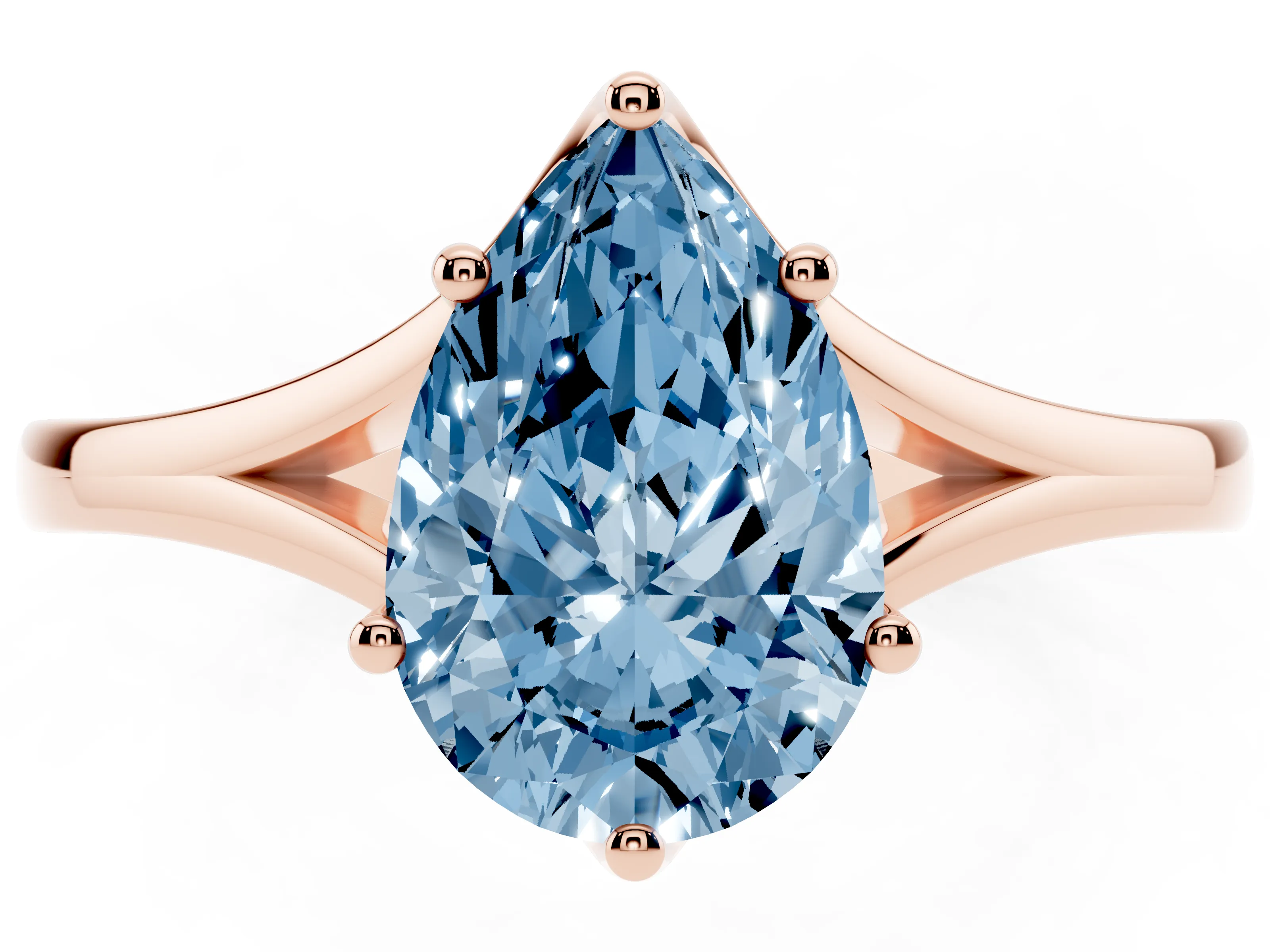 Fancy Blue Pear Cut Diamond Solitaire Ring Set in Rose gold with Polished Tapered Band and Prong Setting
