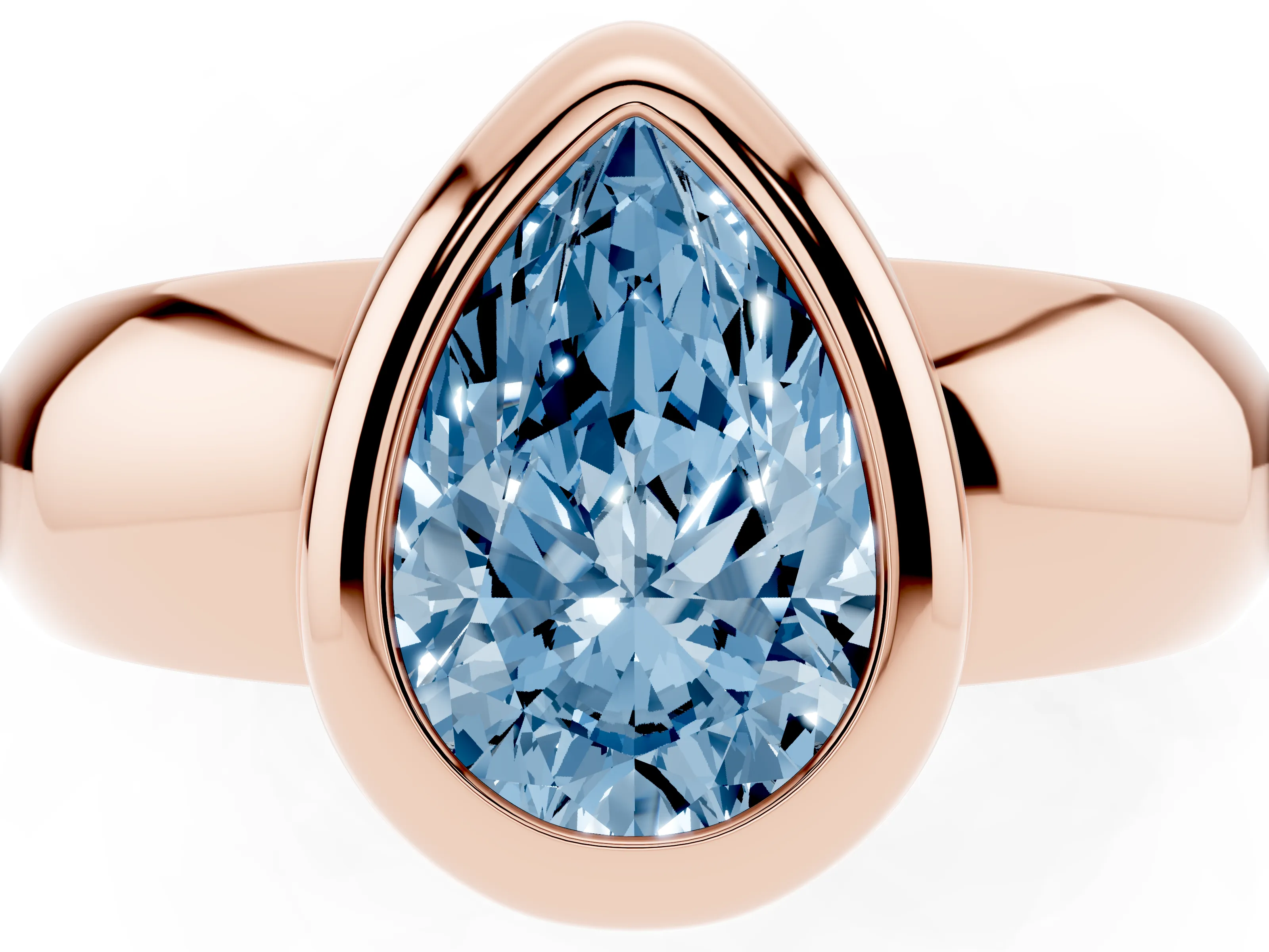 Fancy Blue Bezel Set Pear Cut Diamond Solitaire Ring Set in Rose gold with Wide Band